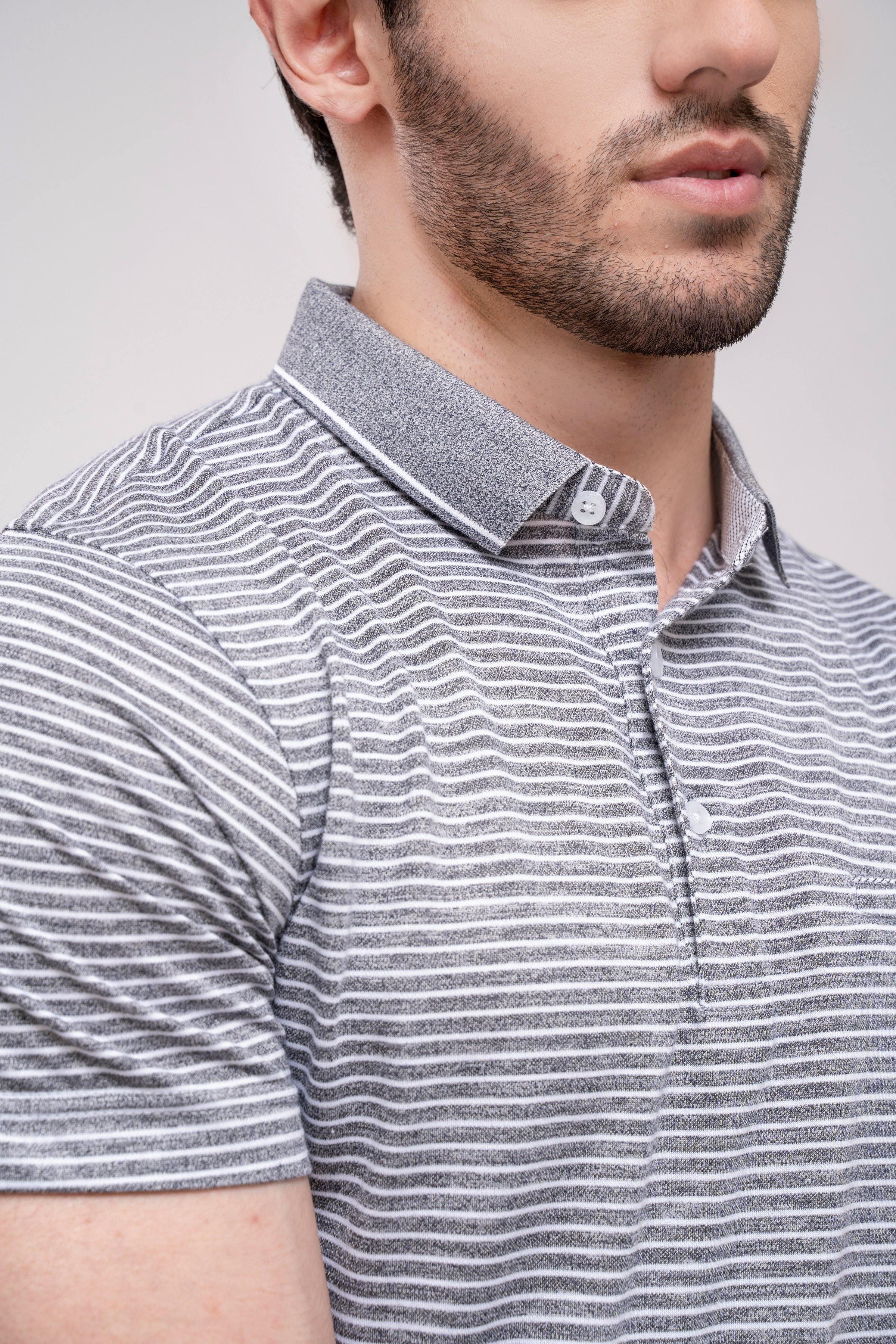 Close-up of grey striped polo collar with button placket and stitching