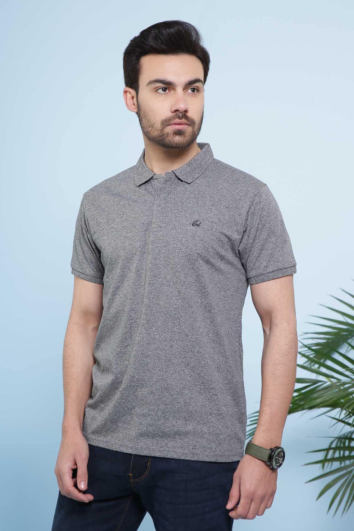 Grey polo shirt with small chest logo, short sleeves, and collar