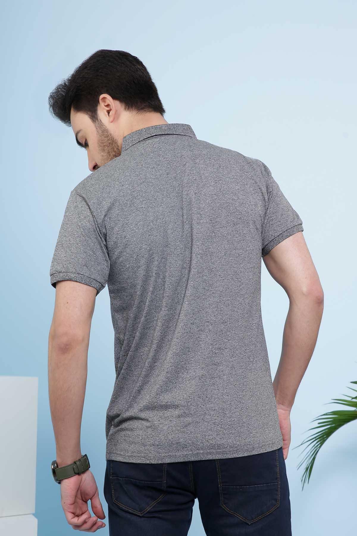 Grey polo shirt back view with short sleeves and collar