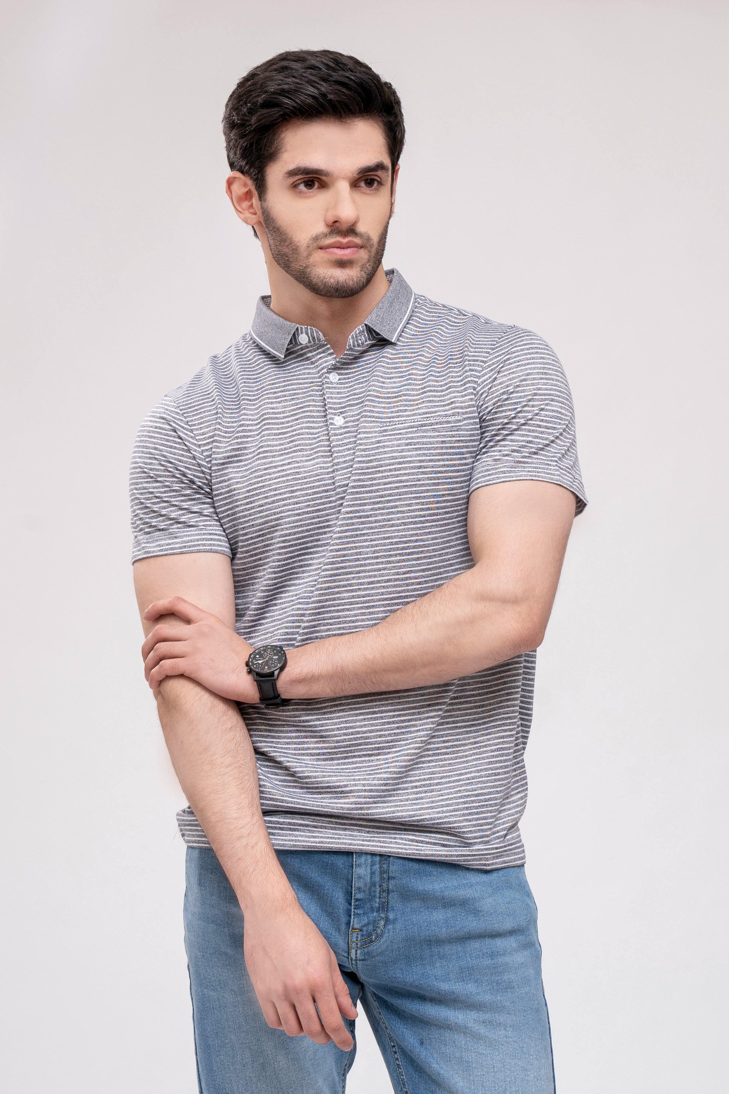 Men's grey striped polo shirt with button placket and fold-over collar