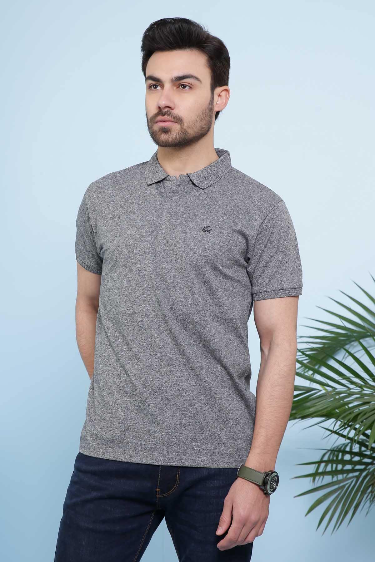 Grey polo shirt with short sleeves, collar, and button placket