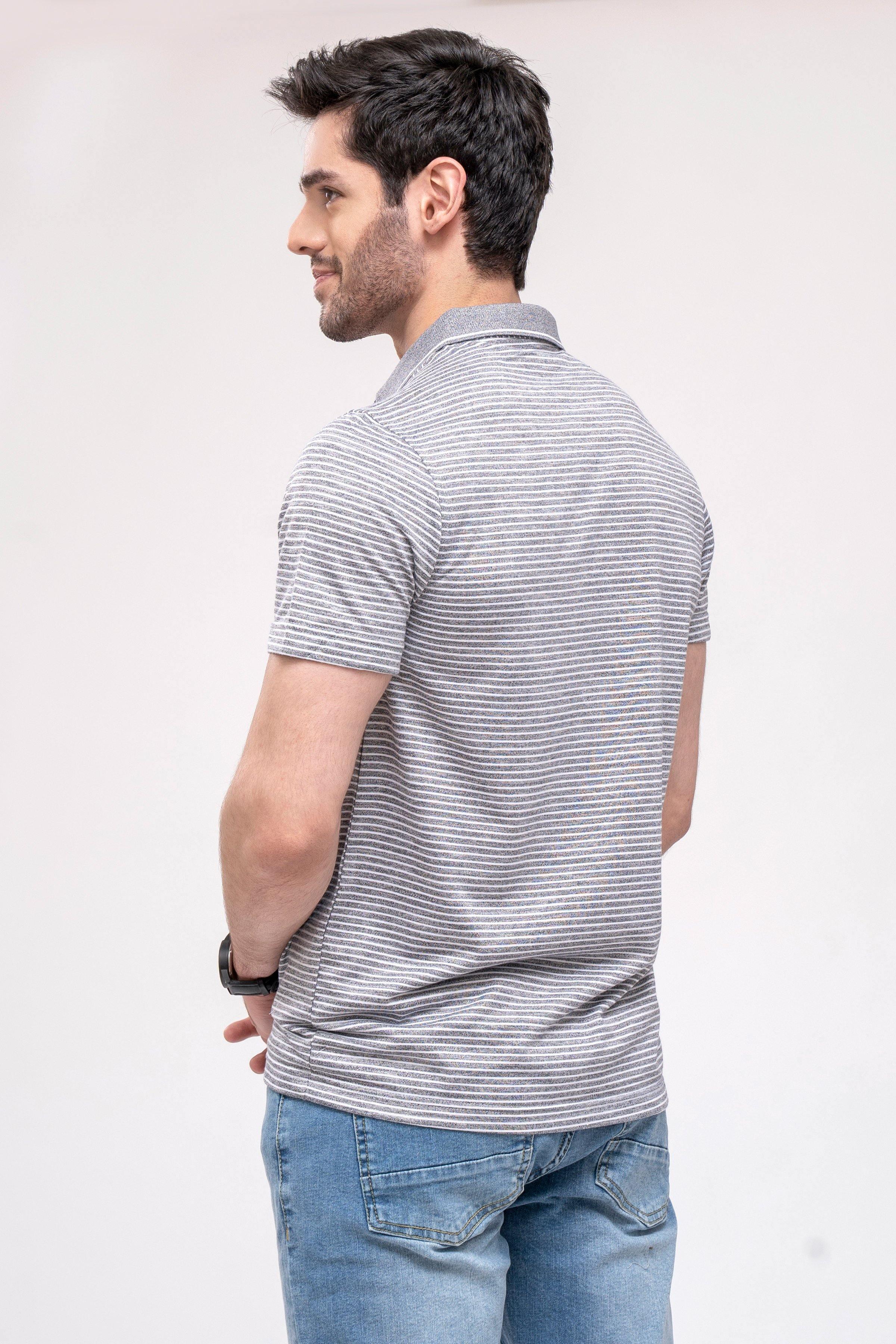 Grey striped polo shirt, short sleeves, side view of the front