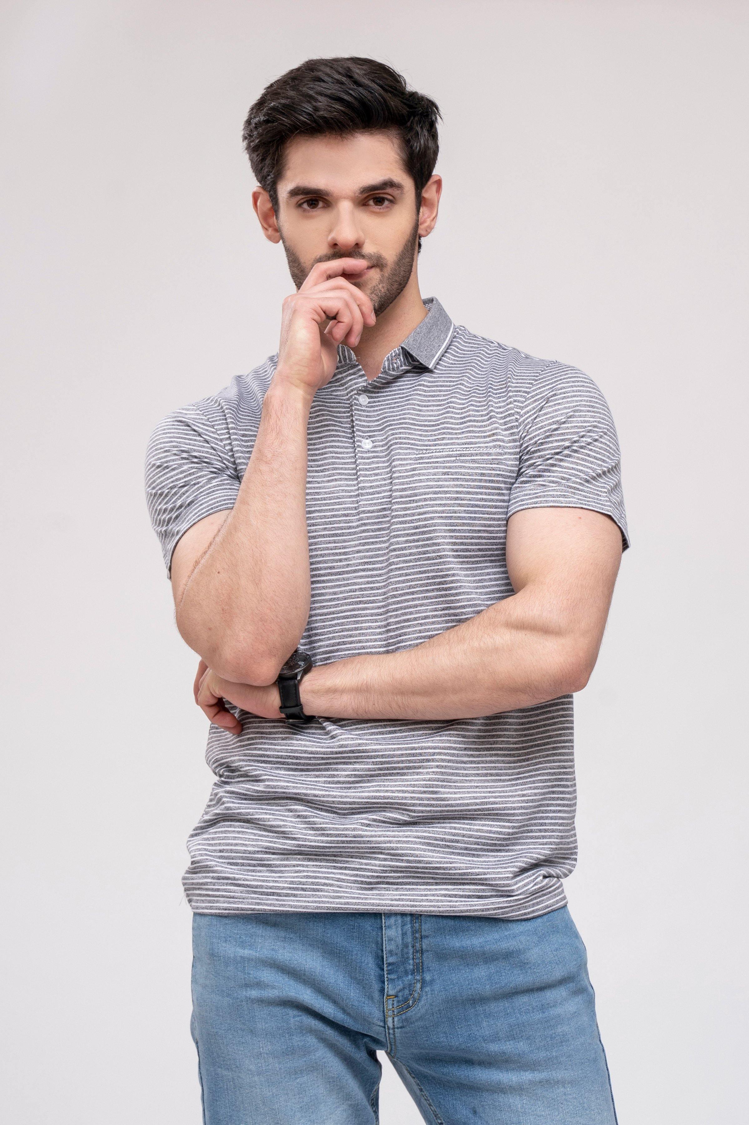 Men's grey striped polo shirt with ribbed collar and button placket