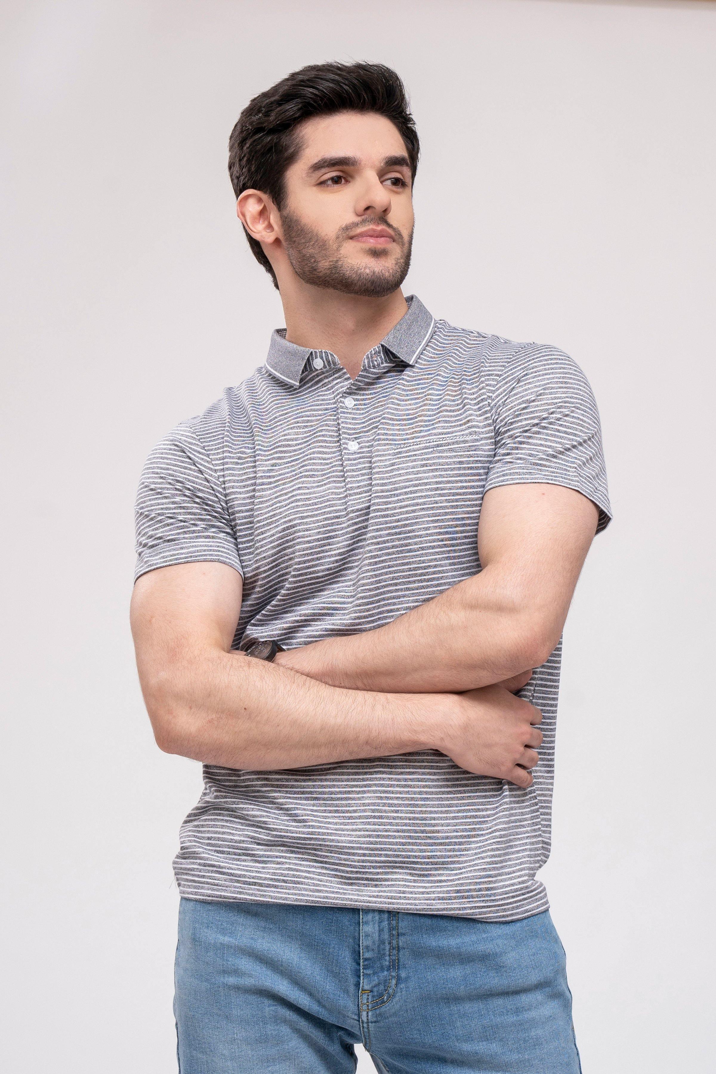 Men's grey striped polo shirt with short sleeves and button placket