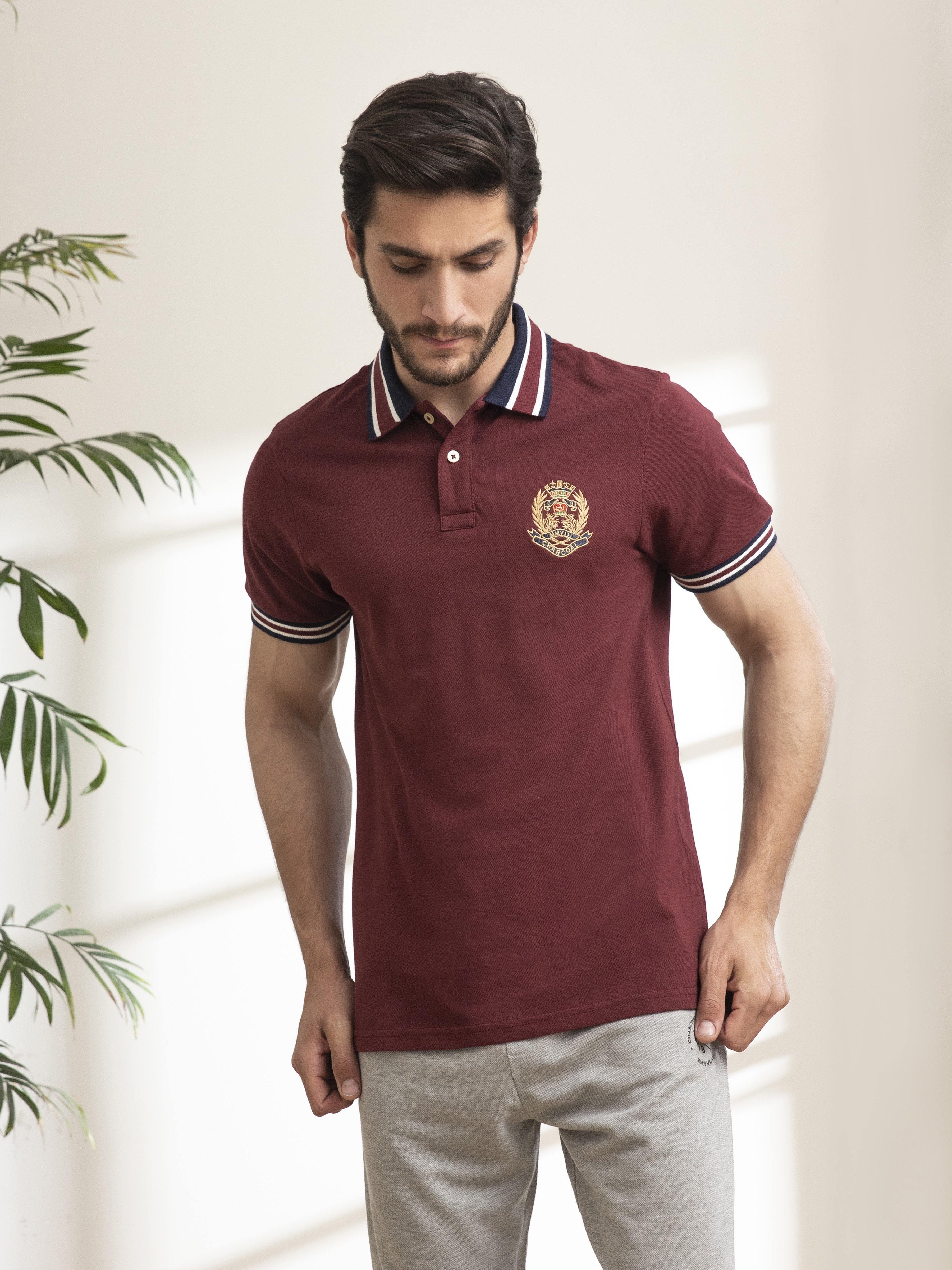 POLO SHIRT JACQUARD COLLAR MAROON at Charcoal Clothing