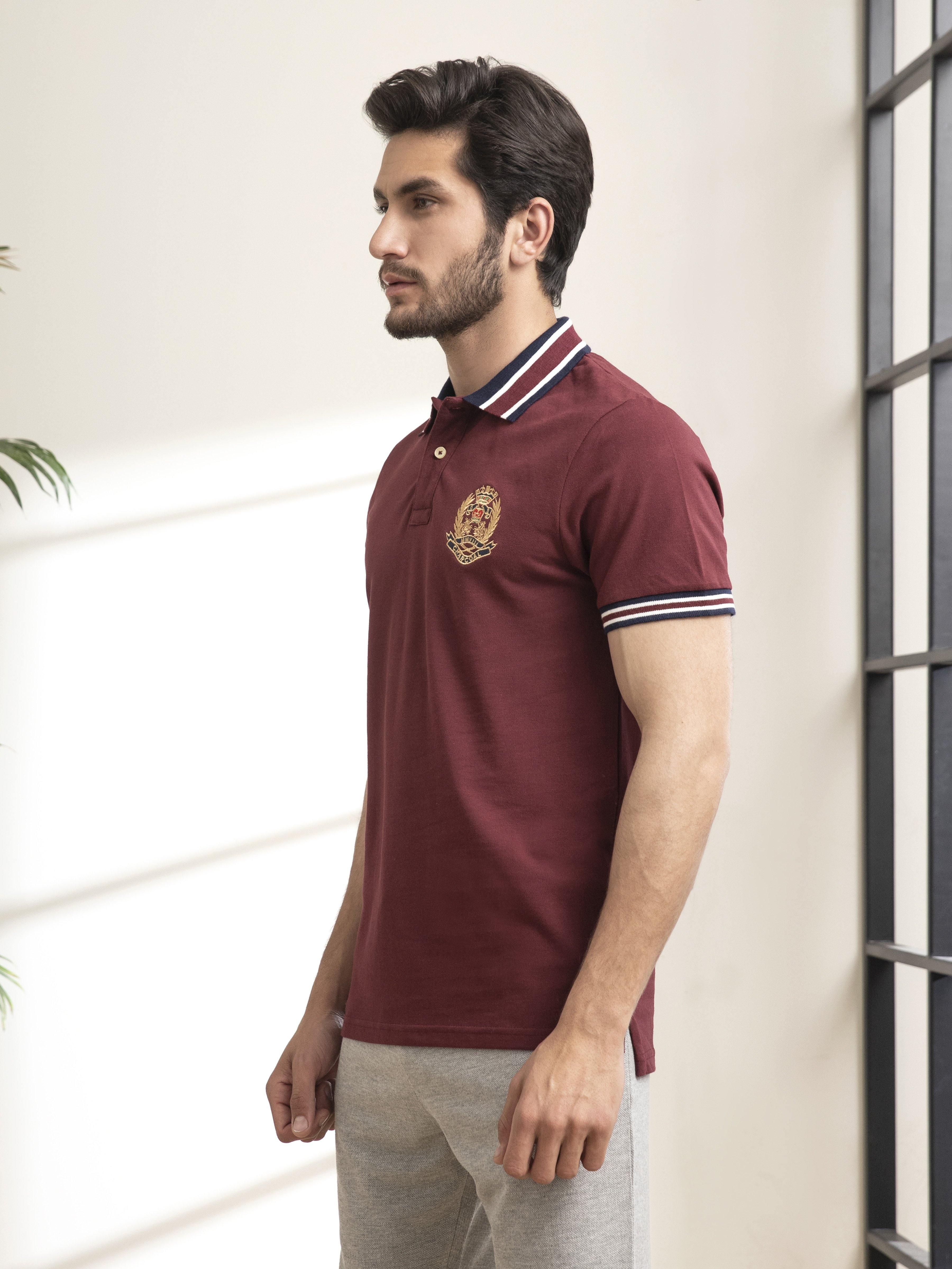 POLO SHIRT JACQUARD COLLAR MAROON at Charcoal Clothing