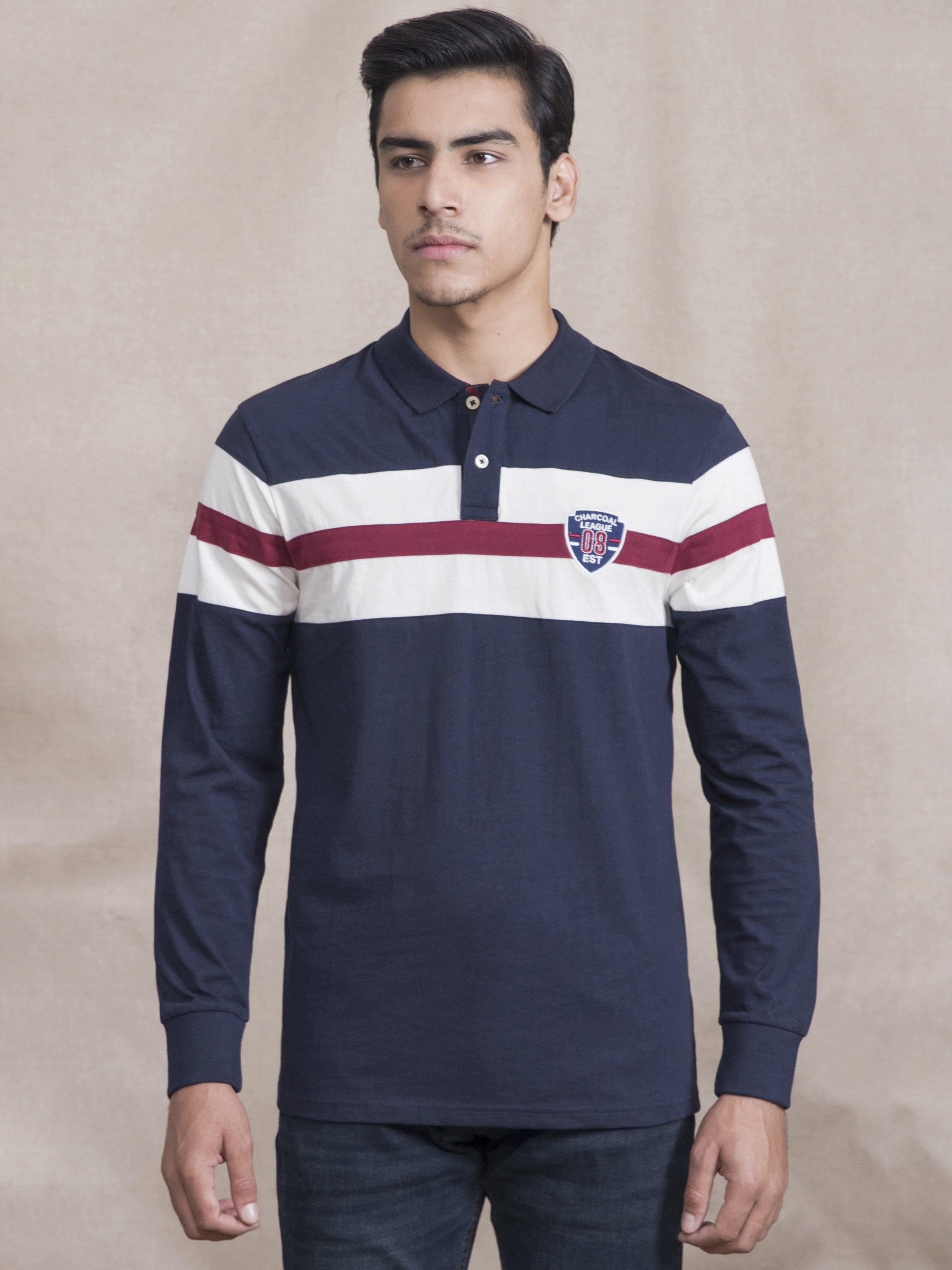 POLO SHIRT JERSEY FRONT PANNEL FULL SLEEVE NAVY at Charcoal Clothing