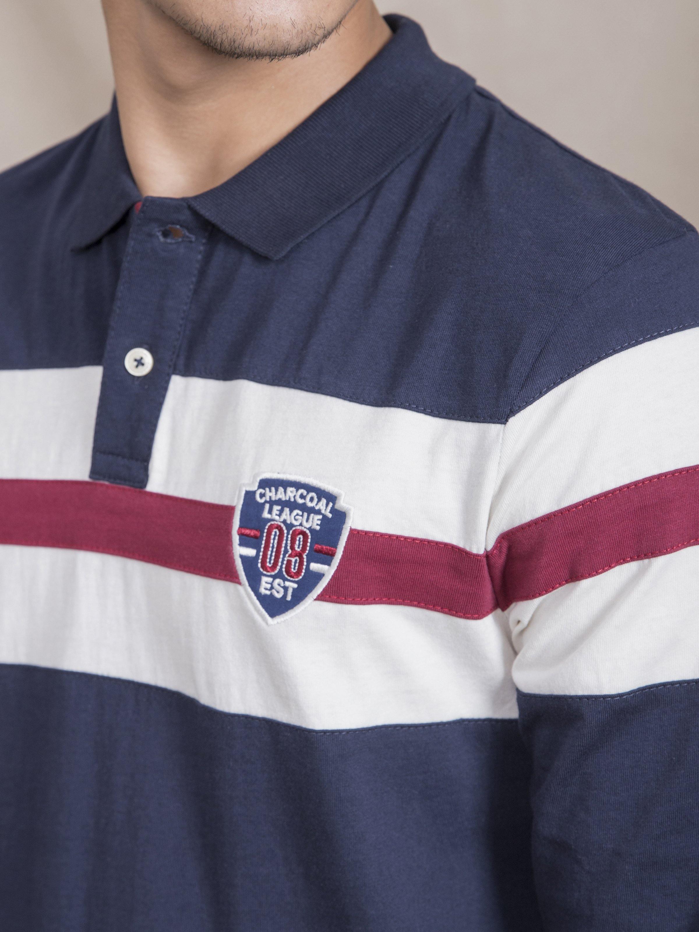 POLO SHIRT JERSEY FRONT PANNEL FULL SLEEVE NAVY at Charcoal Clothing