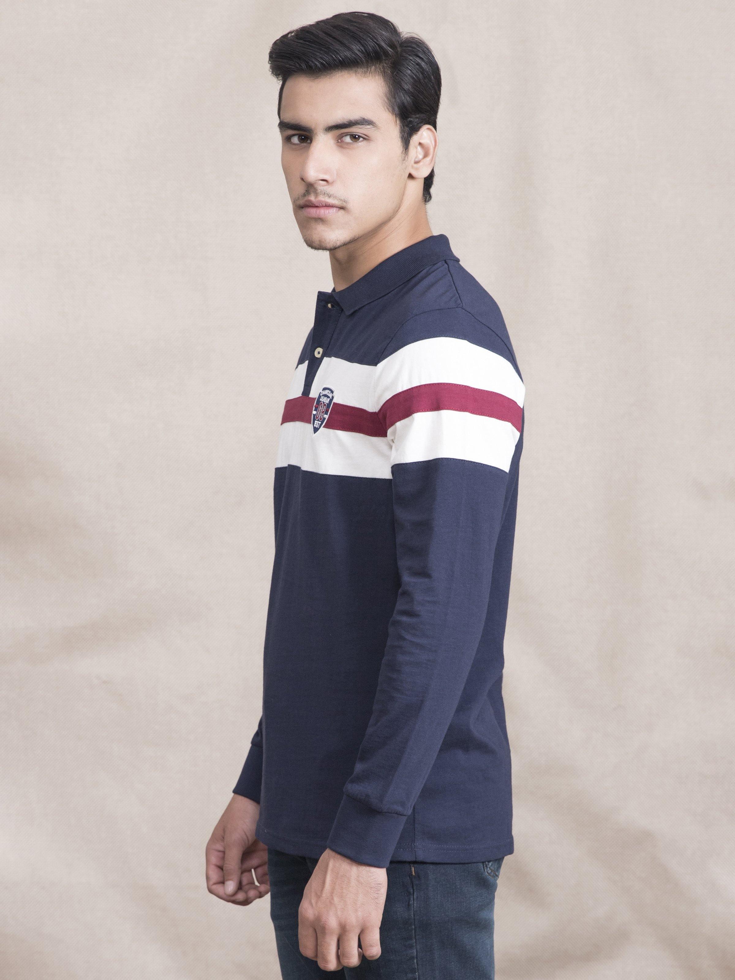 POLO SHIRT JERSEY FRONT PANNEL FULL SLEEVE NAVY at Charcoal Clothing