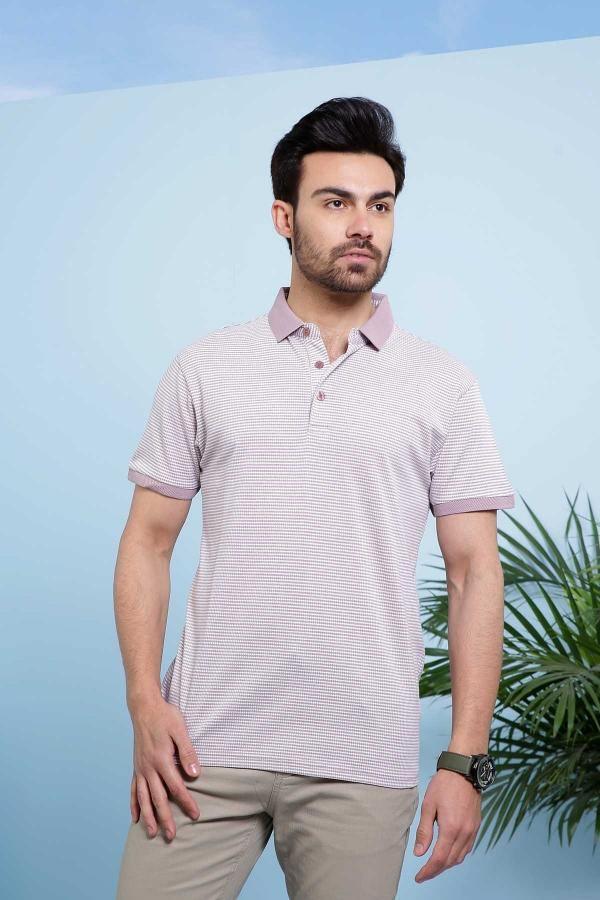 Lavender striped polo shirt with buttoned placket and short sleeves