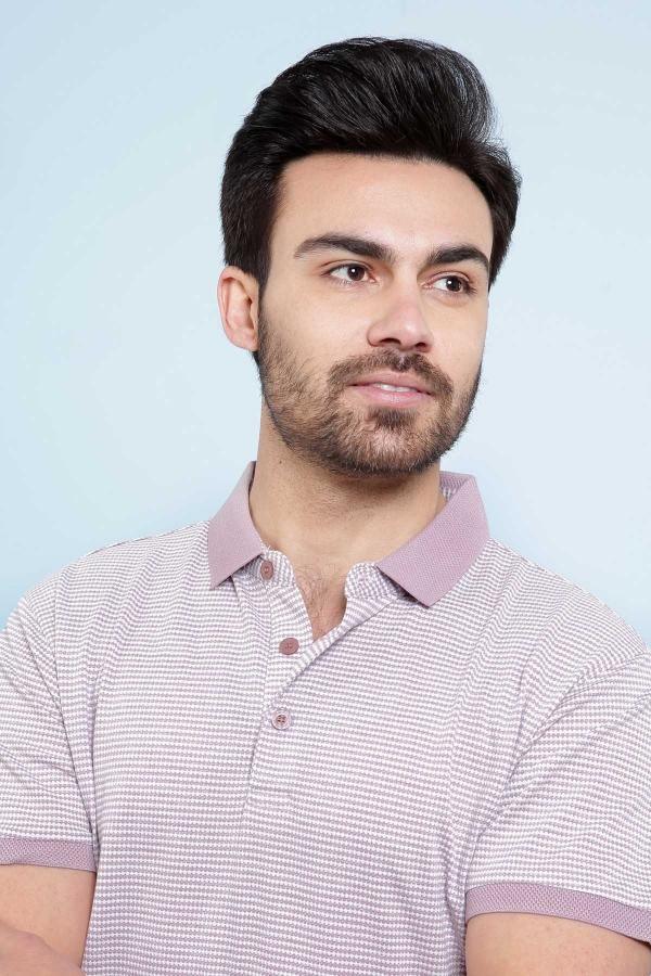 Lavender striped polo shirt close-up: collar, 3-button placket, short sleeves