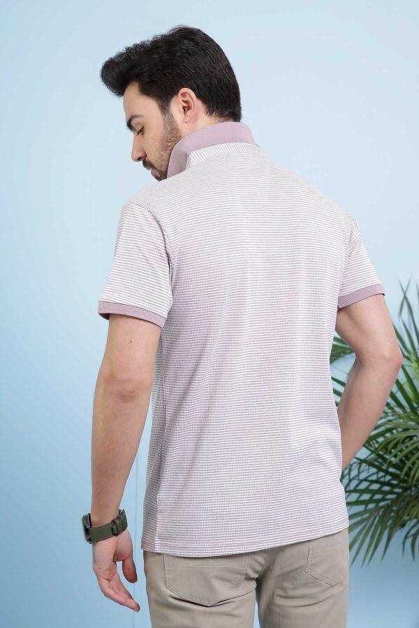 Lavender striped polo shirt from back, short sleeves and partial collar visible