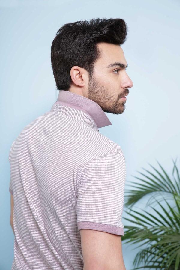 Lavender striped polo shirt side view with raised collar and short sleeves