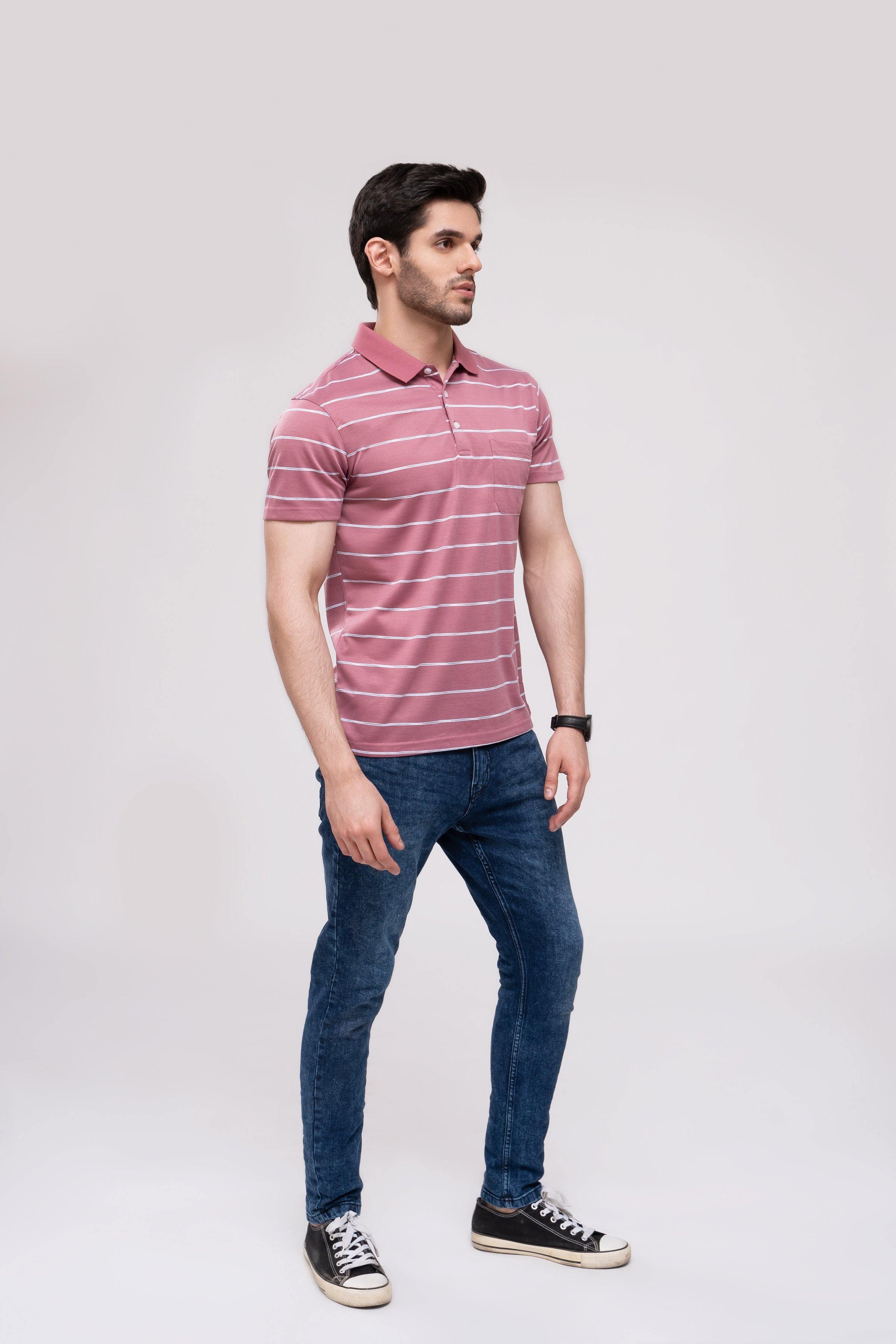 Light blush striped polo shirt with short sleeves and buttoned collar
