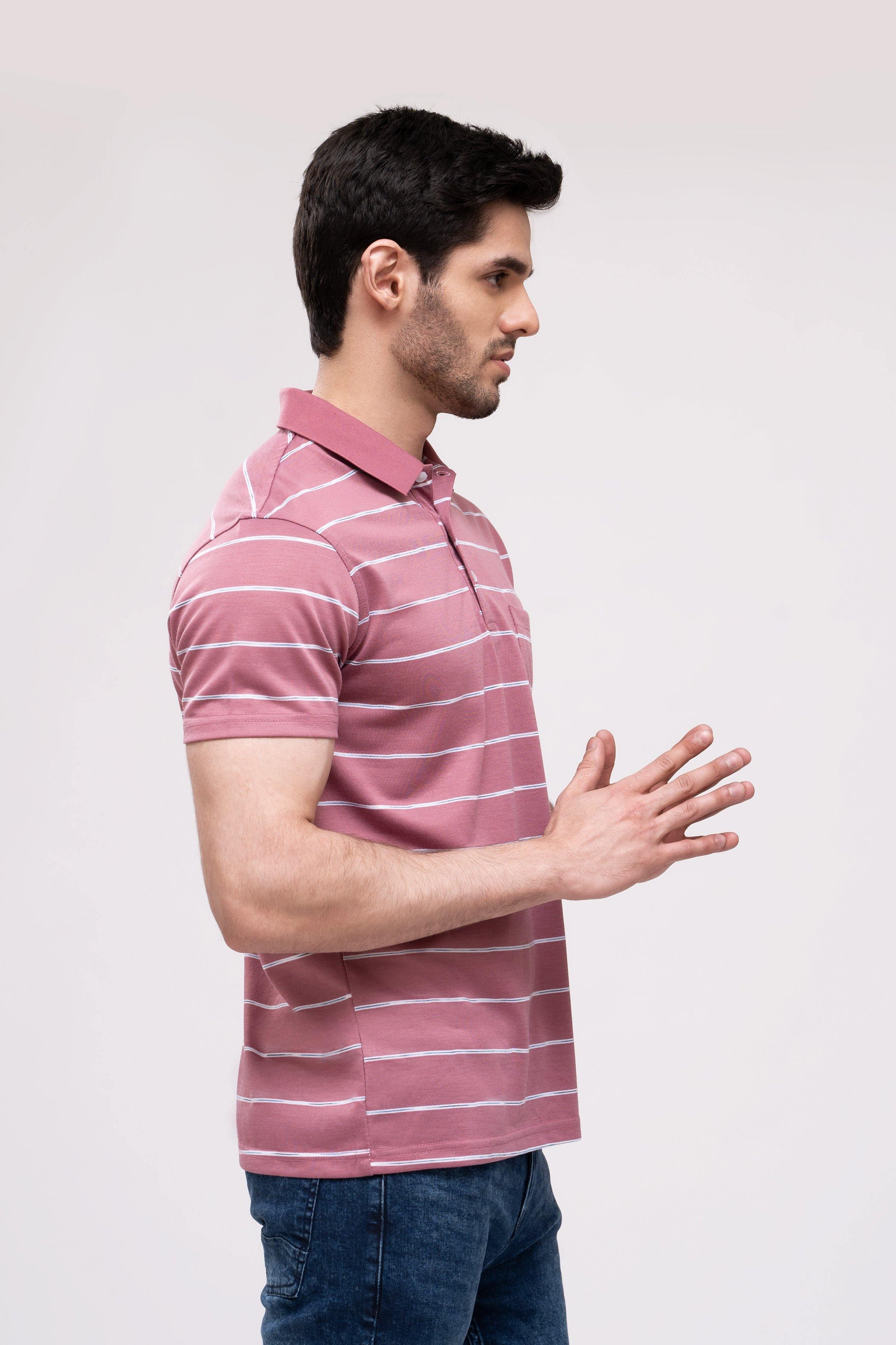 Light blush striped polo shirt, side profile with buttoned collar
