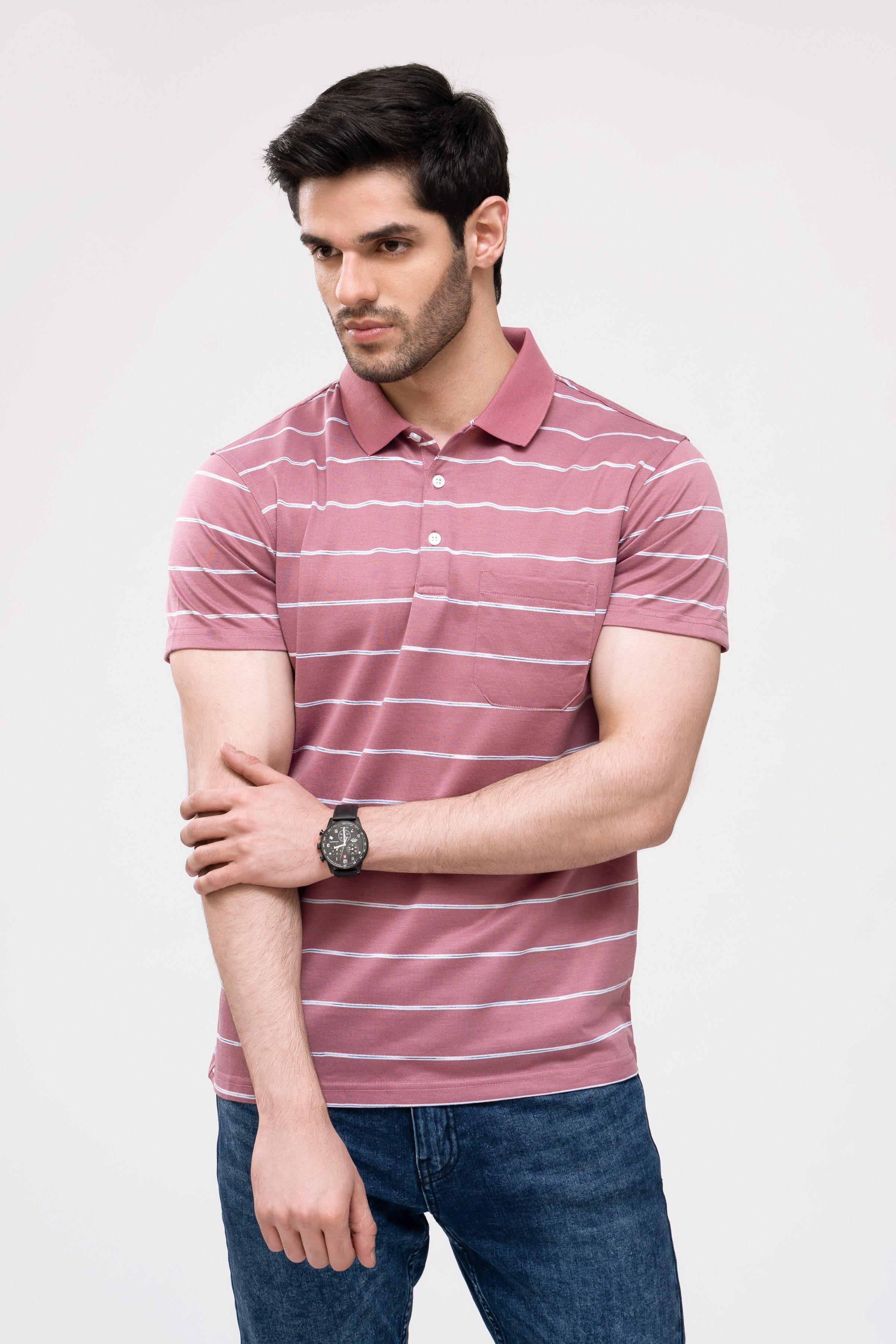 Light blush striped polo shirt, front button placket and short sleeves