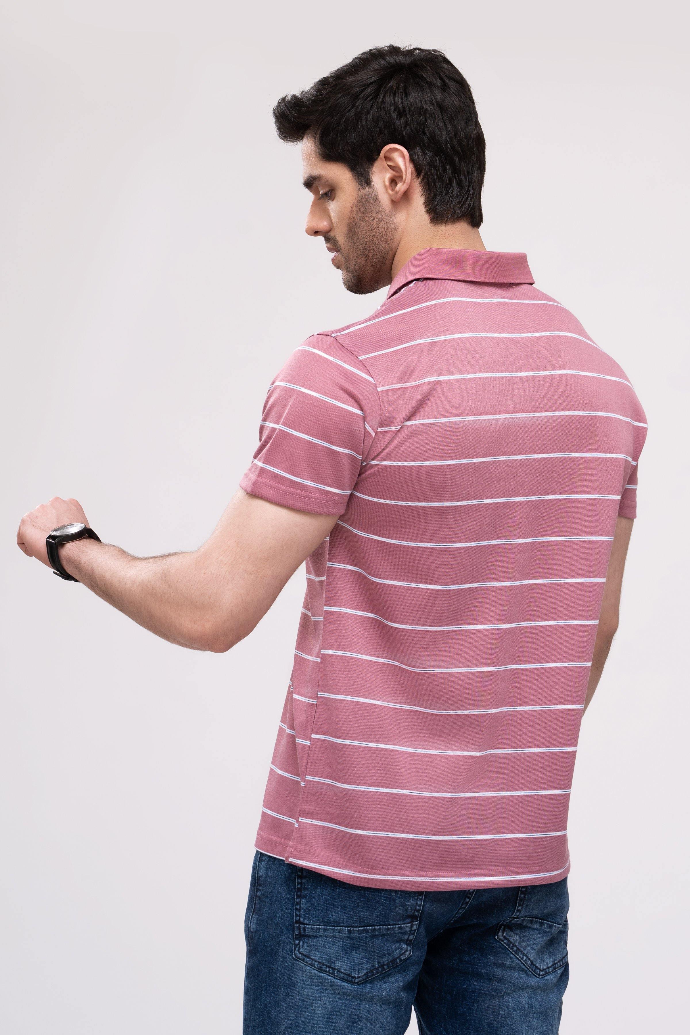 Light blush striped polo shirt, back view with collar