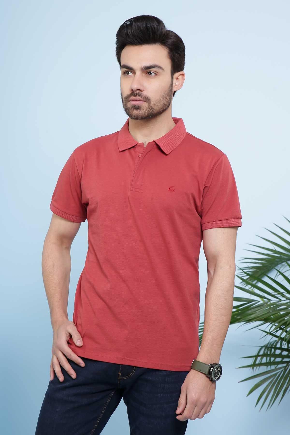 Maroon polo shirt front view with small chest logo