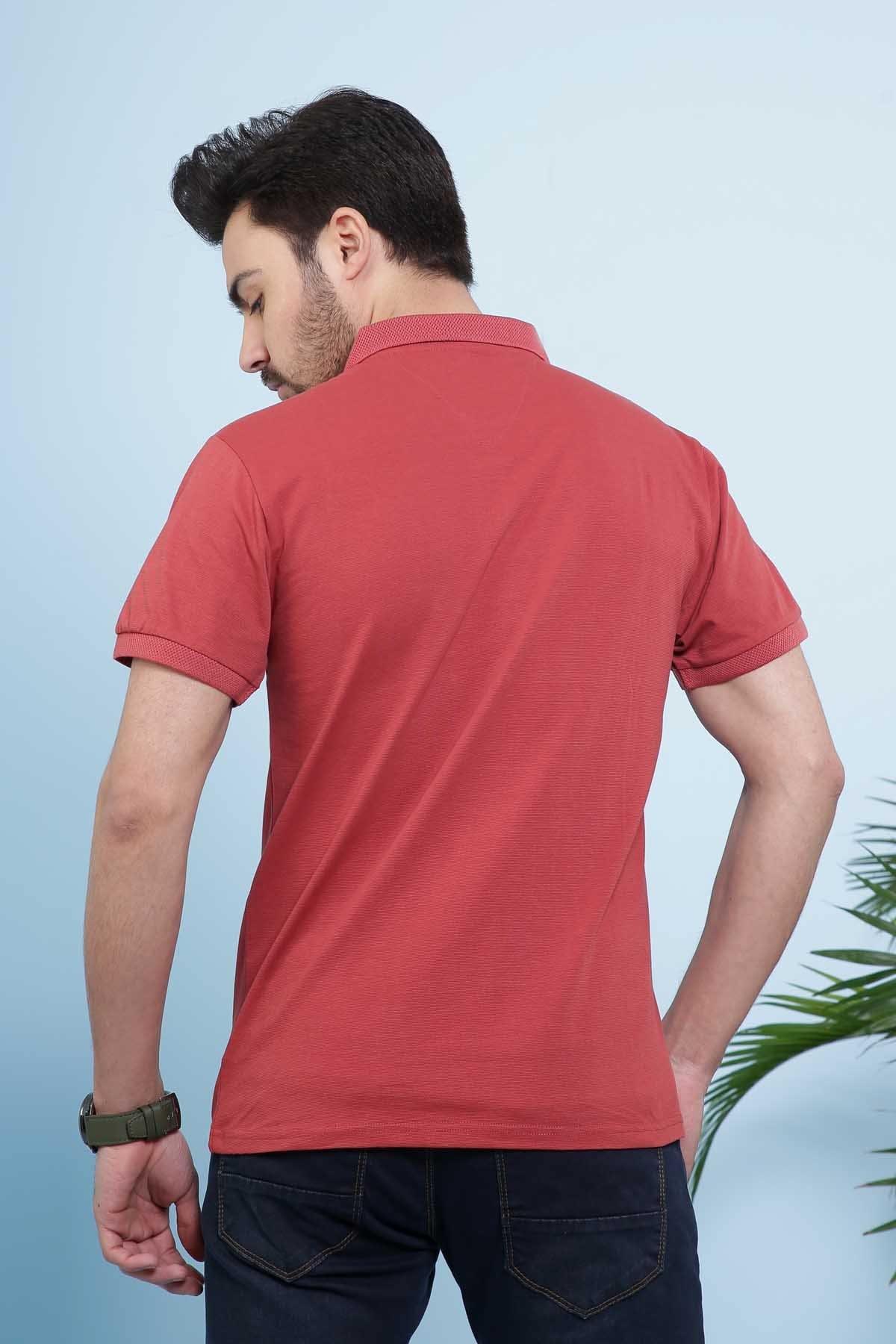 Maroon polo shirt back view with short sleeves and curved hem