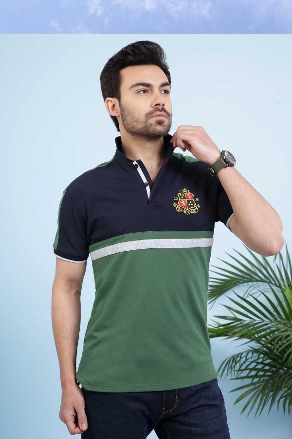Navy green polo shirt with collar, button placket, chest crest, and striped band