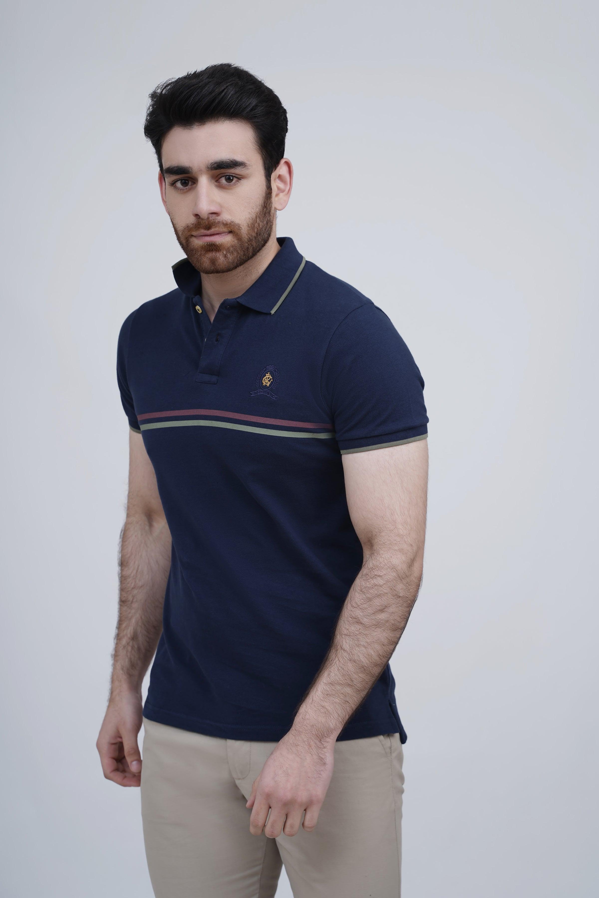 Navy polo shirt with ribbed collar and short sleeves, striped trim