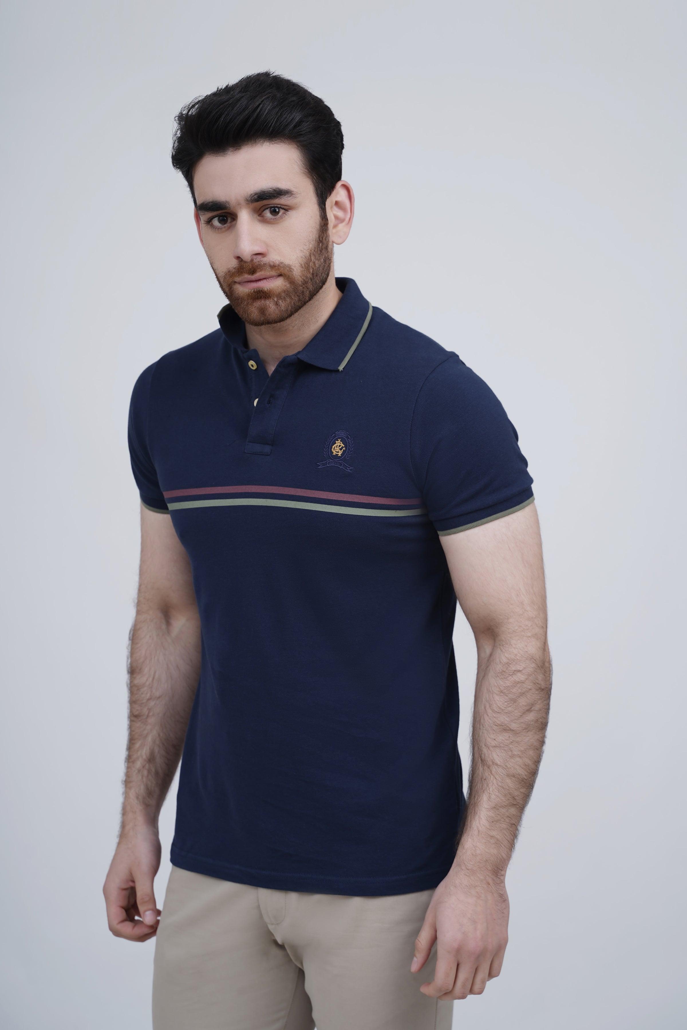 Navy polo shirt with button placket, striped collar, and chest logo