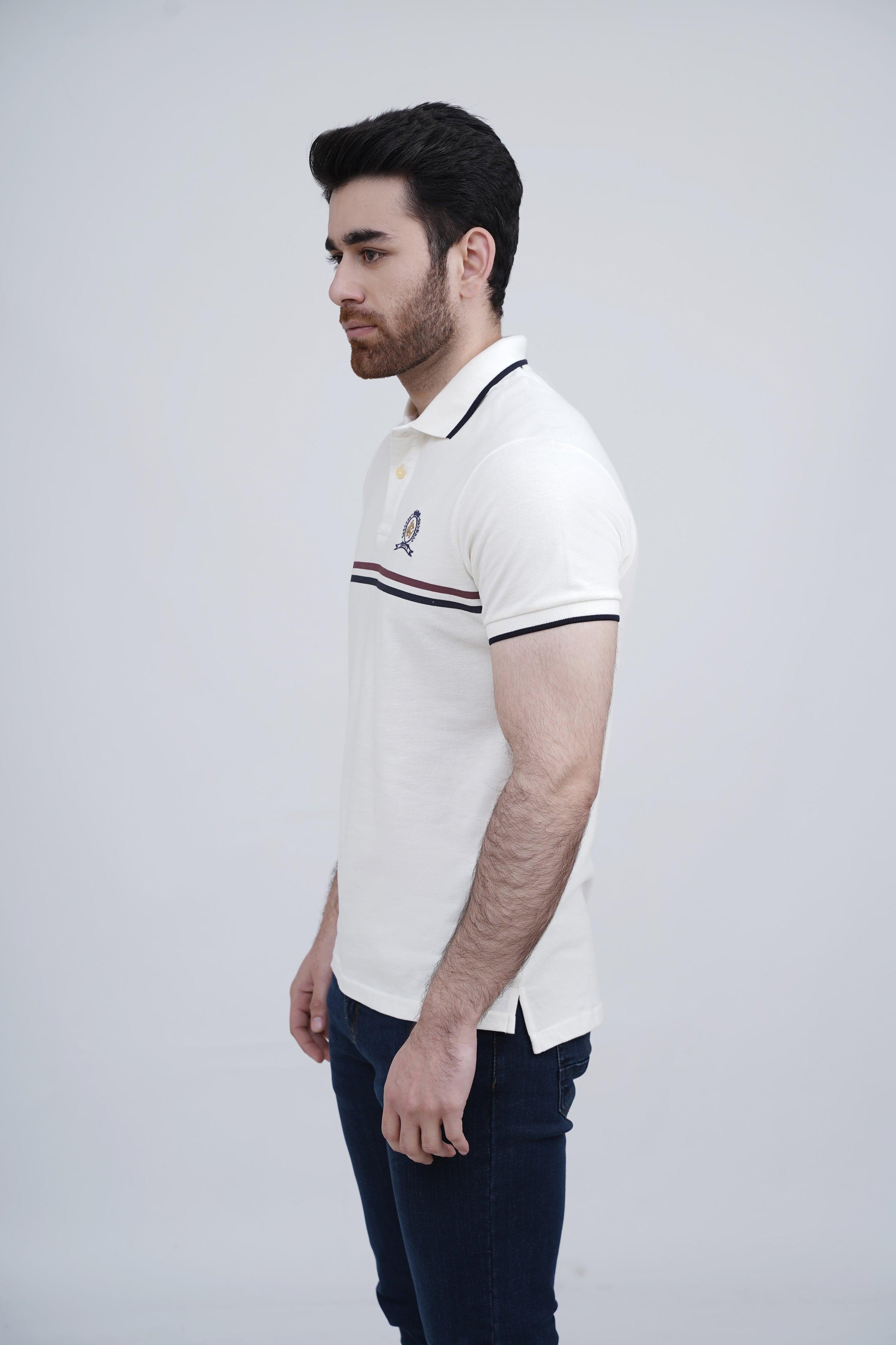 Off-white polo shirt, side view with contrast trim on sleeves and collar