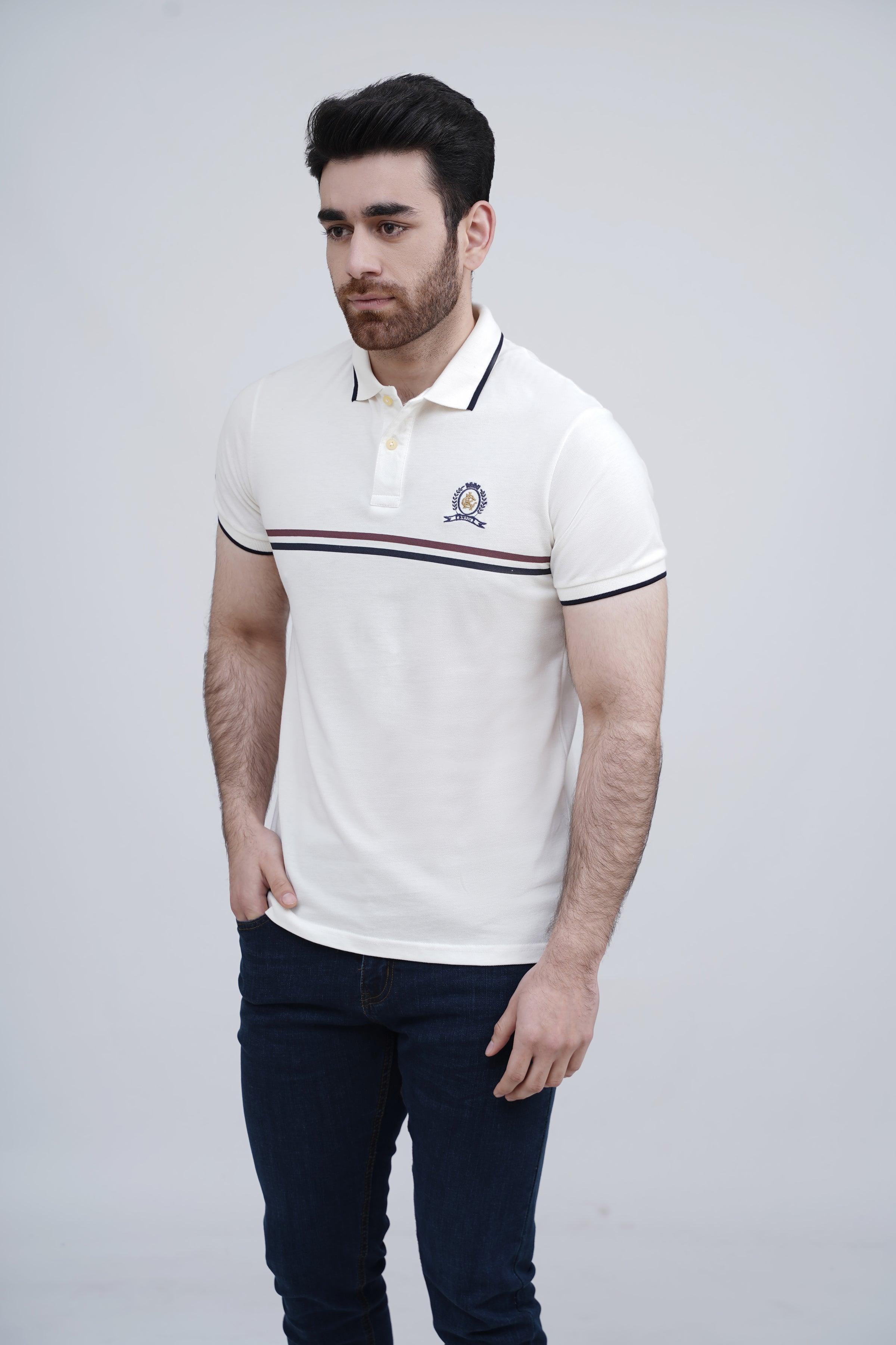 Off-white polo shirt with button collar and embroidered chest crest
