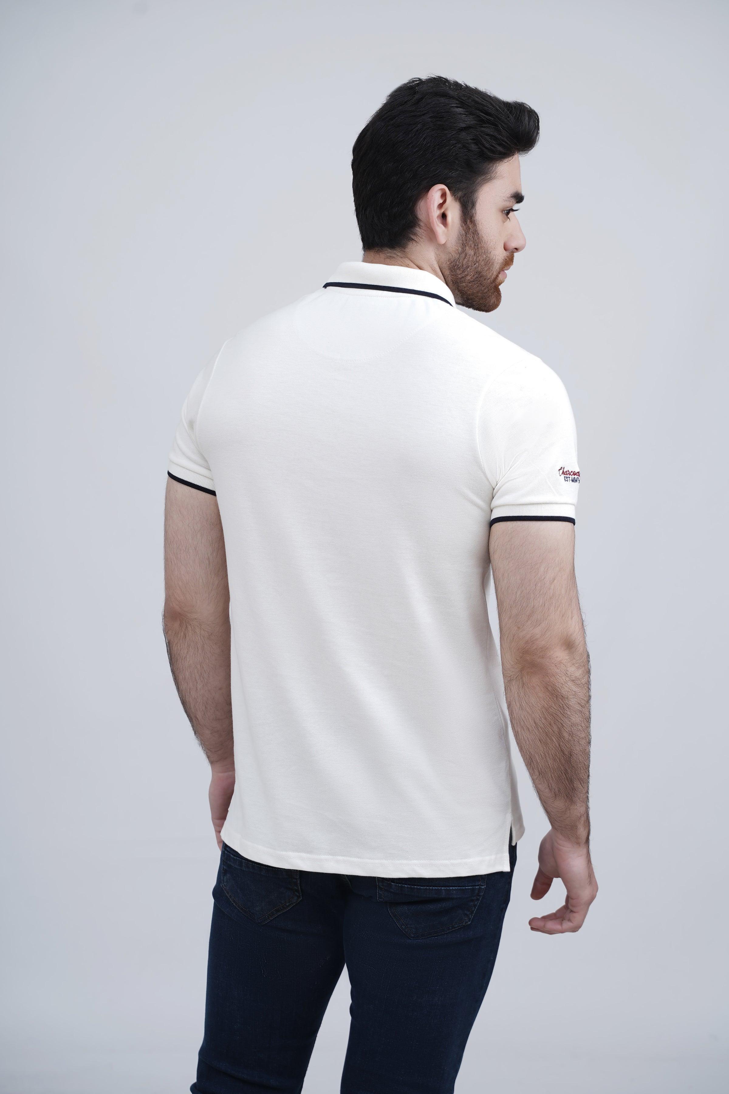 Off-white polo shirt back view with ribbed collar and sleeve stripe trim