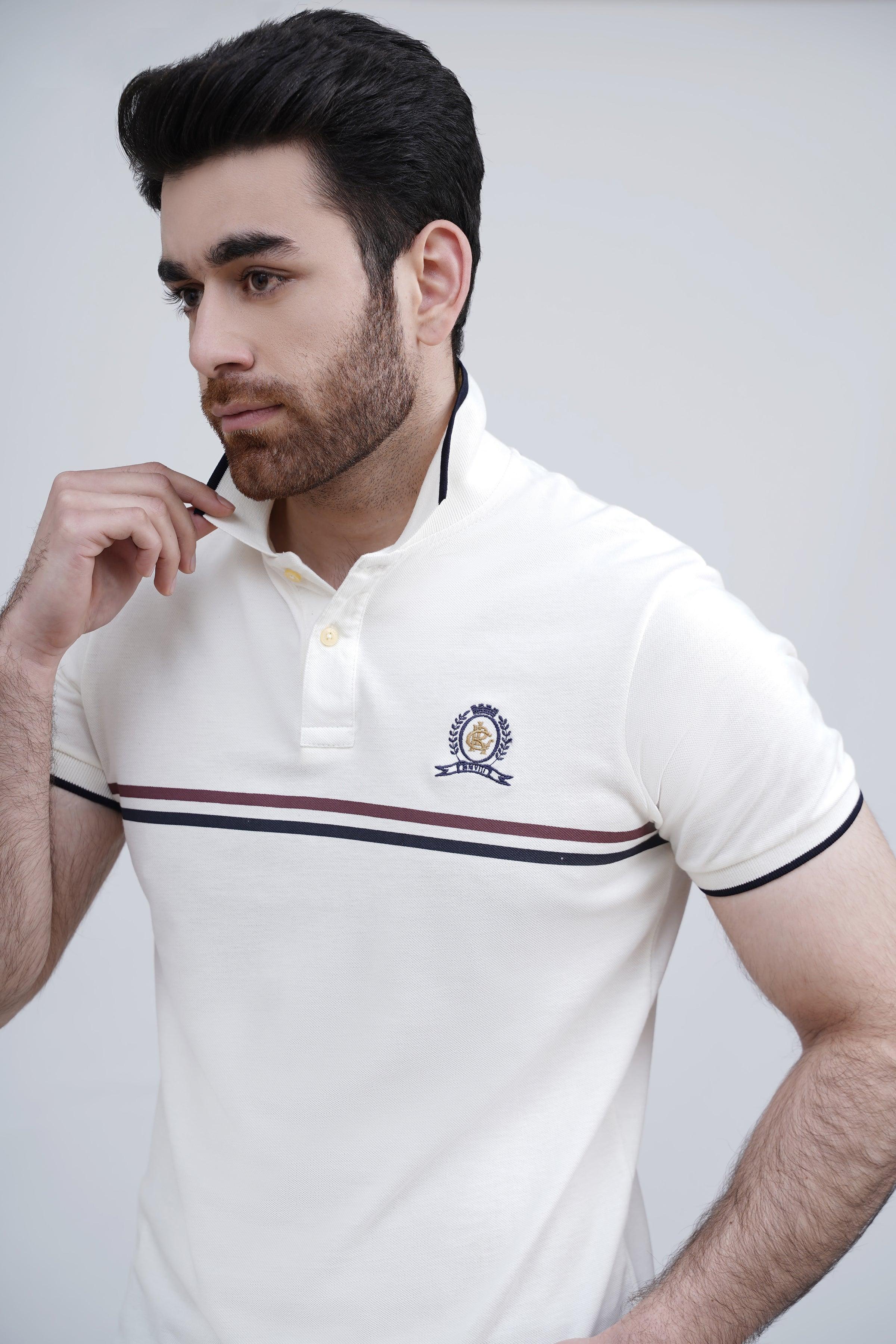 Off-white polo shirt close-up with button placket and chest emblem