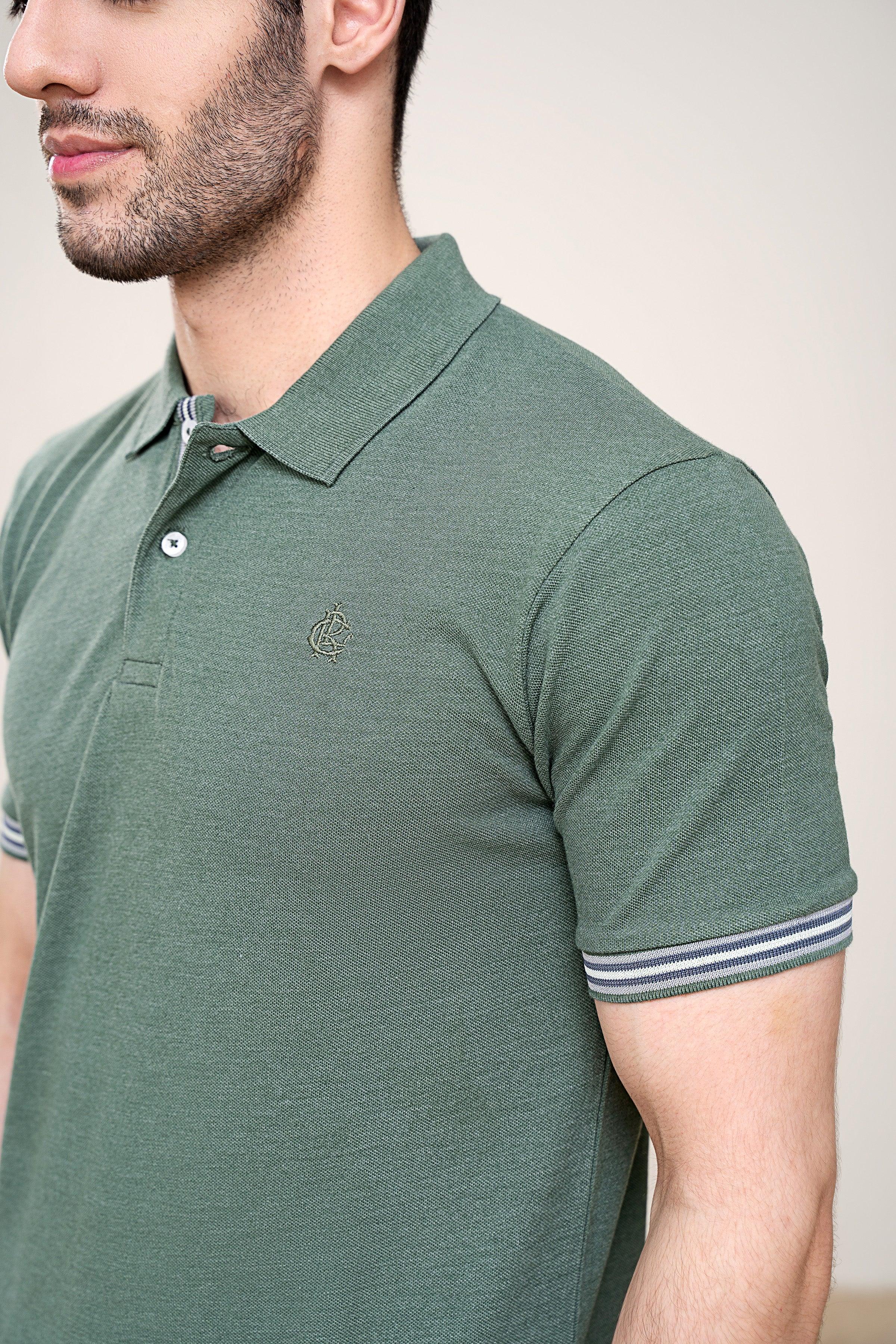 POLO SHIRT PIQUE MELANGE GREEN at Charcoal Clothing