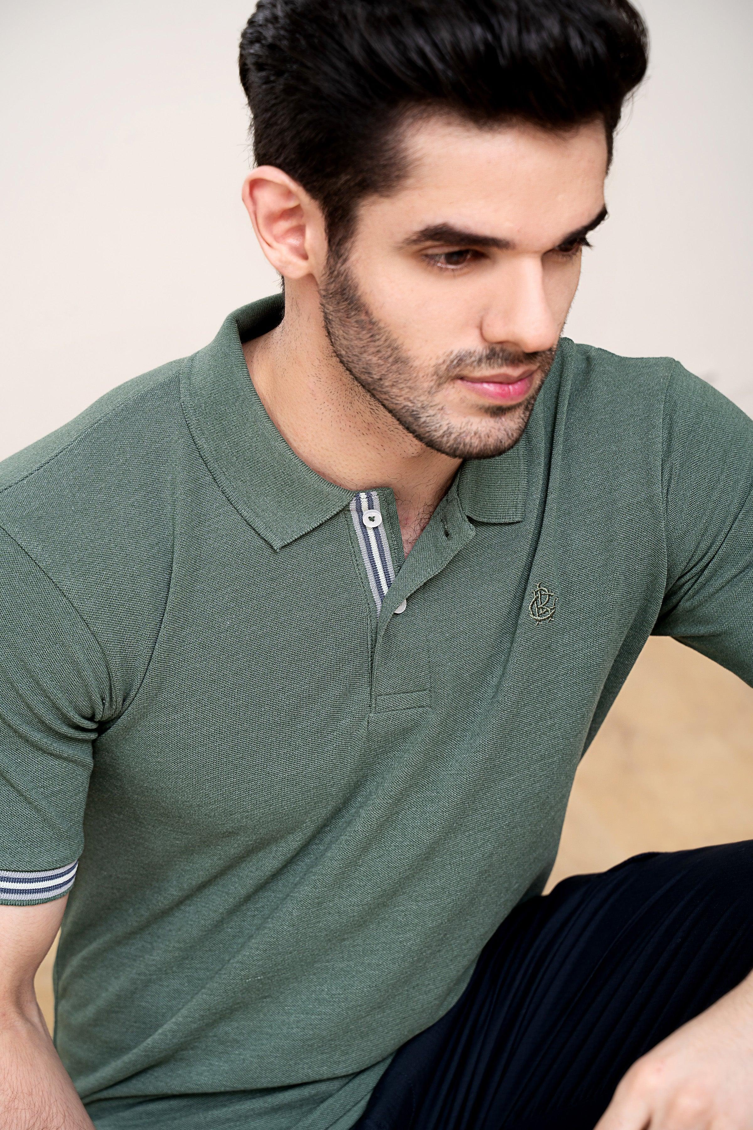 POLO SHIRT PIQUE MELANGE GREEN at Charcoal Clothing