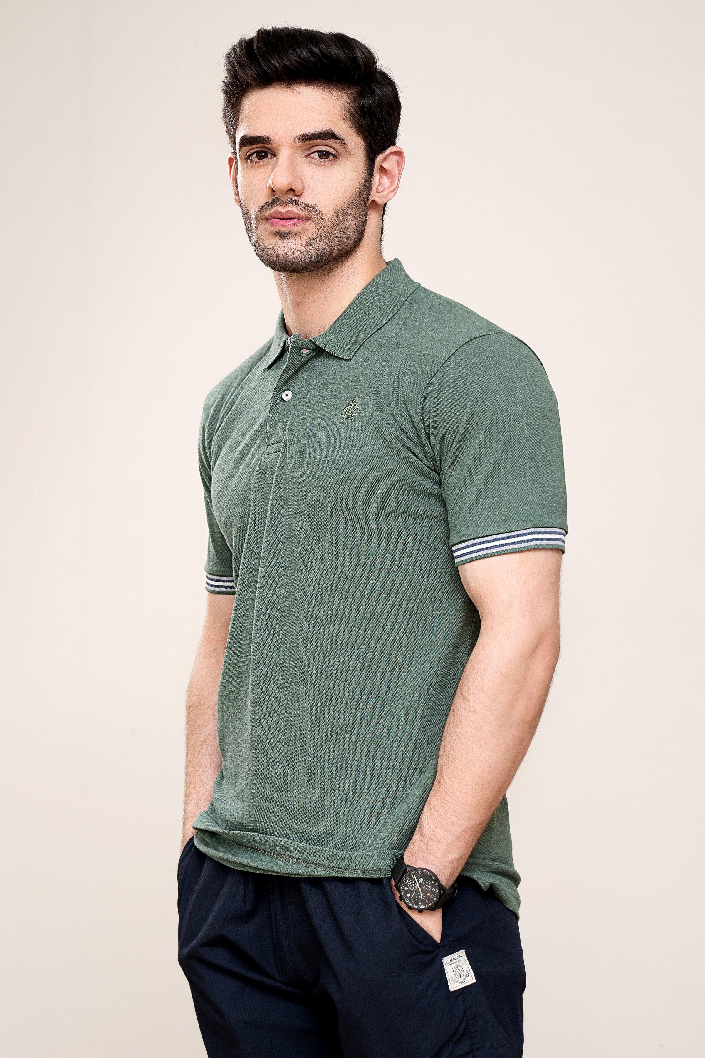 POLO SHIRT PIQUE MELANGE GREEN at Charcoal Clothing