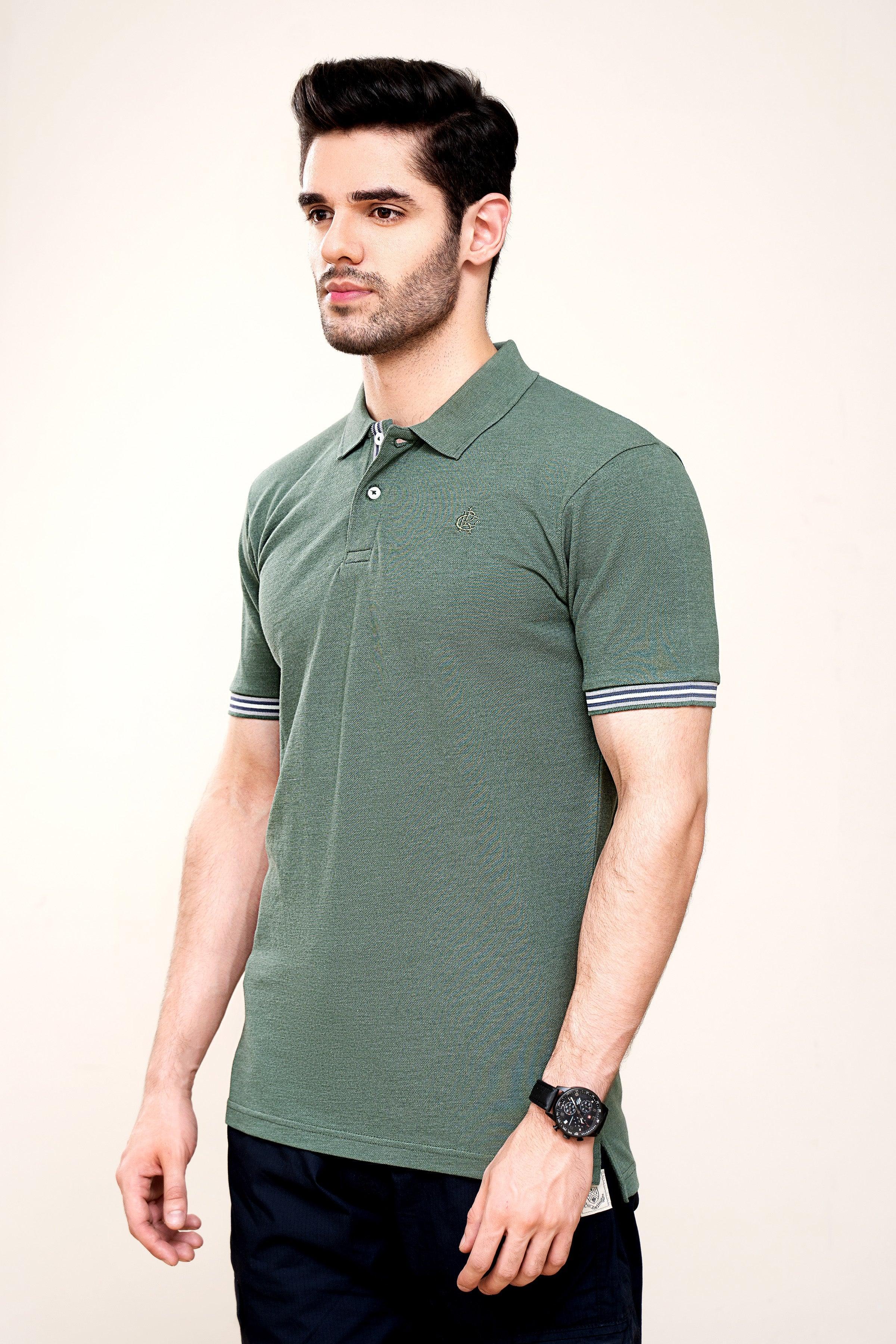 POLO SHIRT PIQUE MELANGE GREEN at Charcoal Clothing