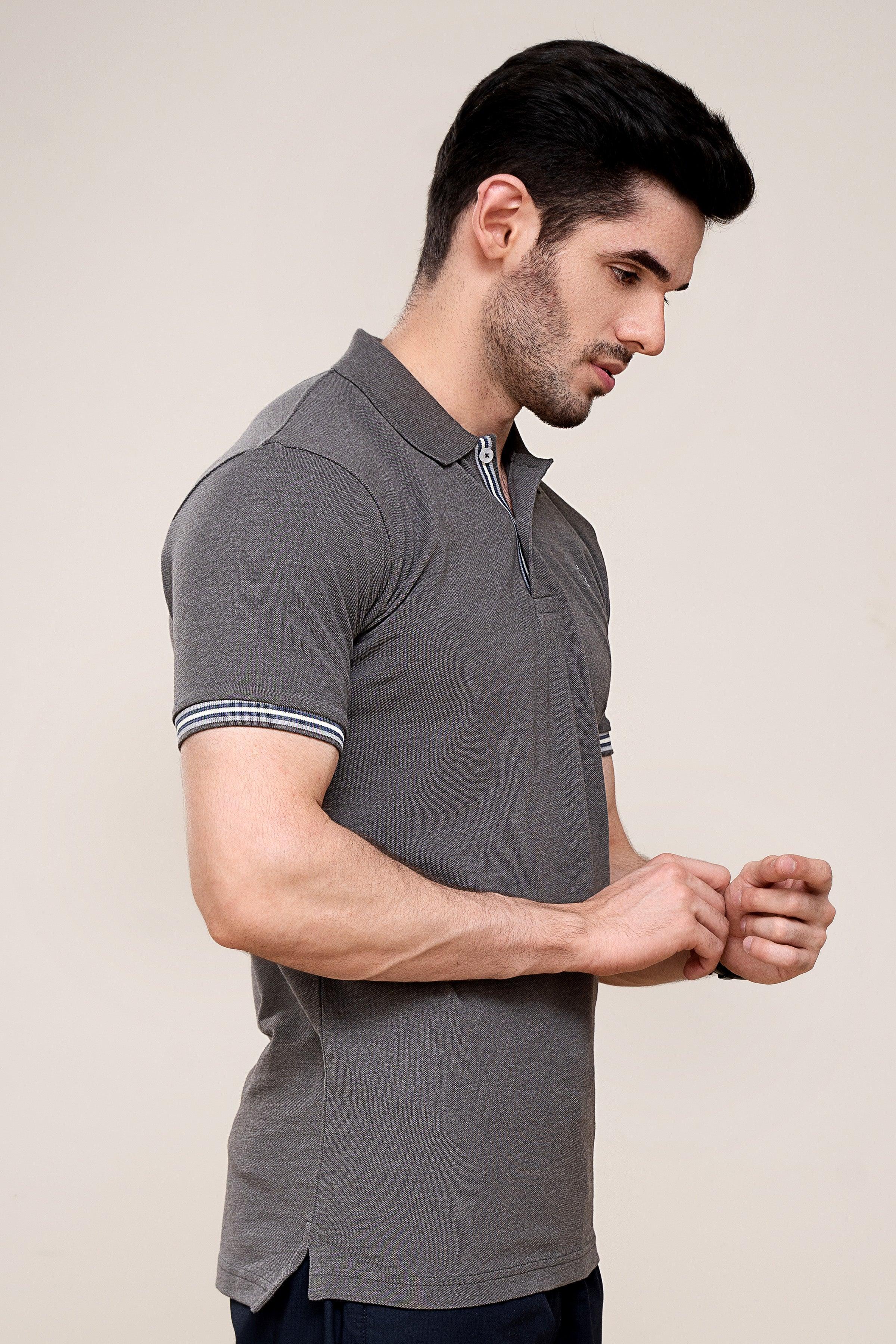 POLO SHIRT PIQUE MELANGE GREY at Charcoal Clothing