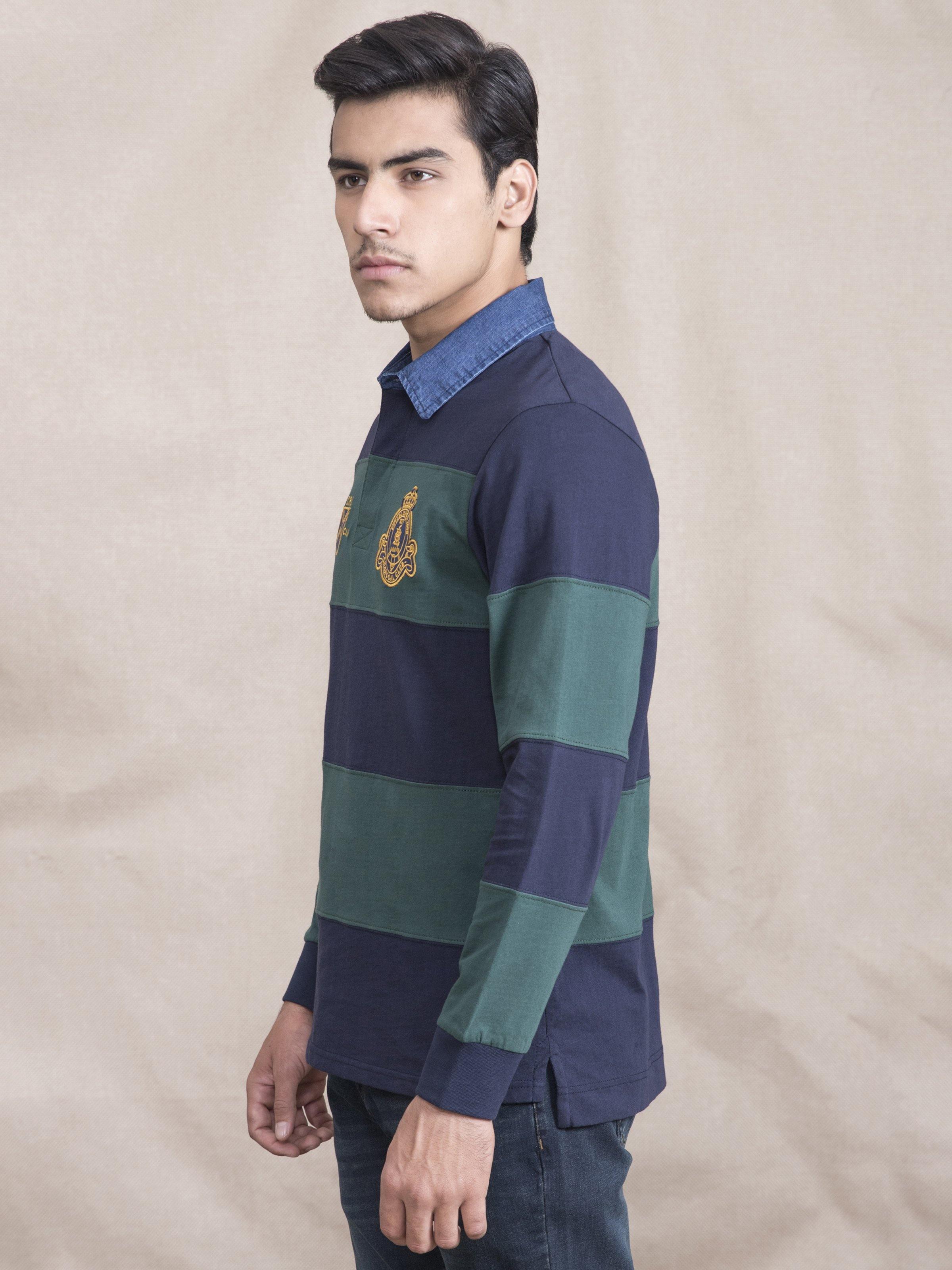 POLO SHIRT RUGBBY DENIM COLLAR GREEN NAVY at Charcoal Clothing