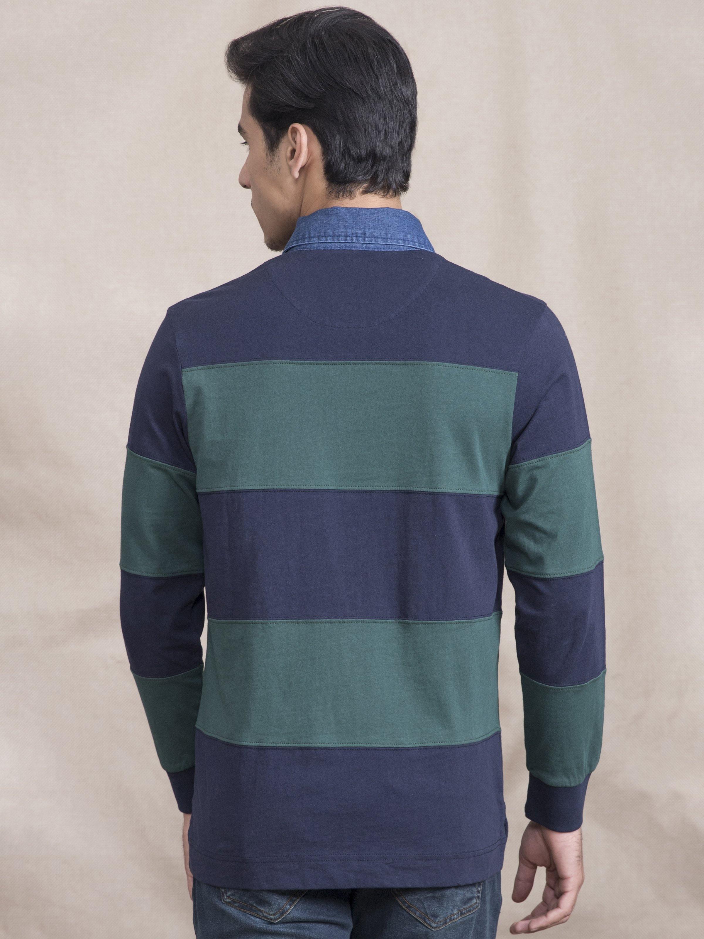 POLO SHIRT RUGBBY DENIM COLLAR GREEN NAVY at Charcoal Clothing