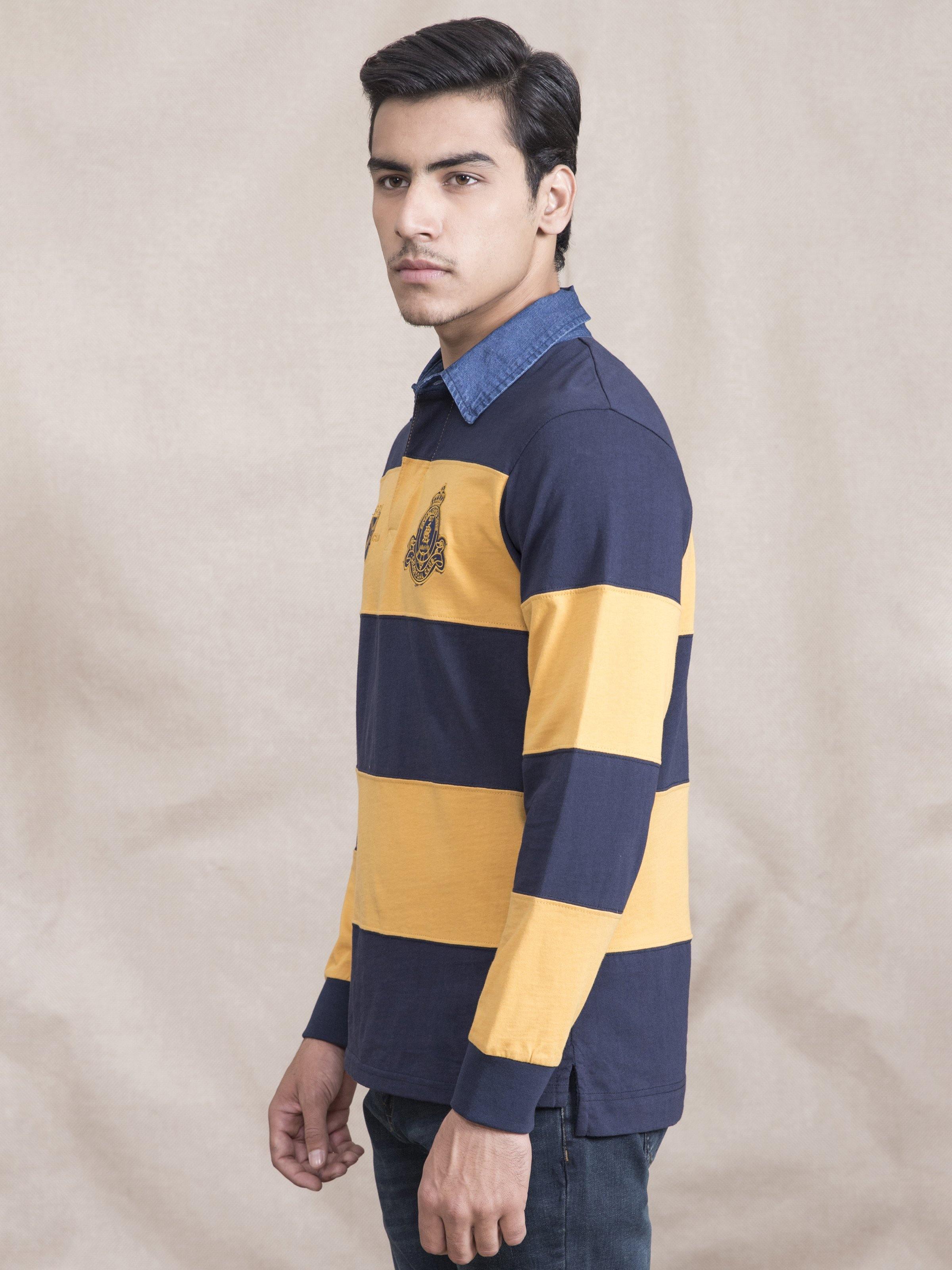 POLO SHIRT RUGBBY DENIM COLLAR MUSTARD NAVY at Charcoal Clothing