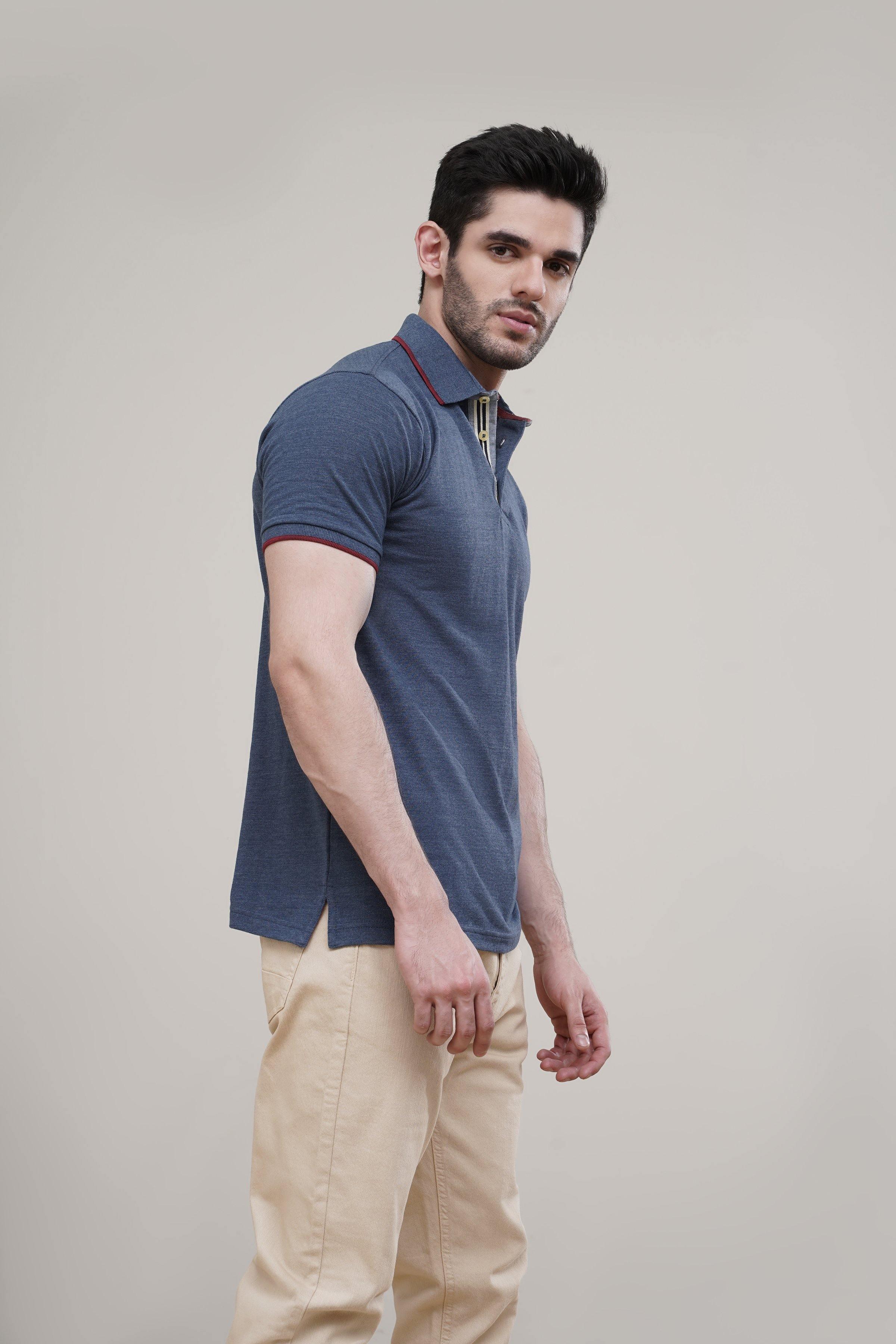 POLO SHIRT TIPPING COLLAR BLUE at Charcoal Clothing