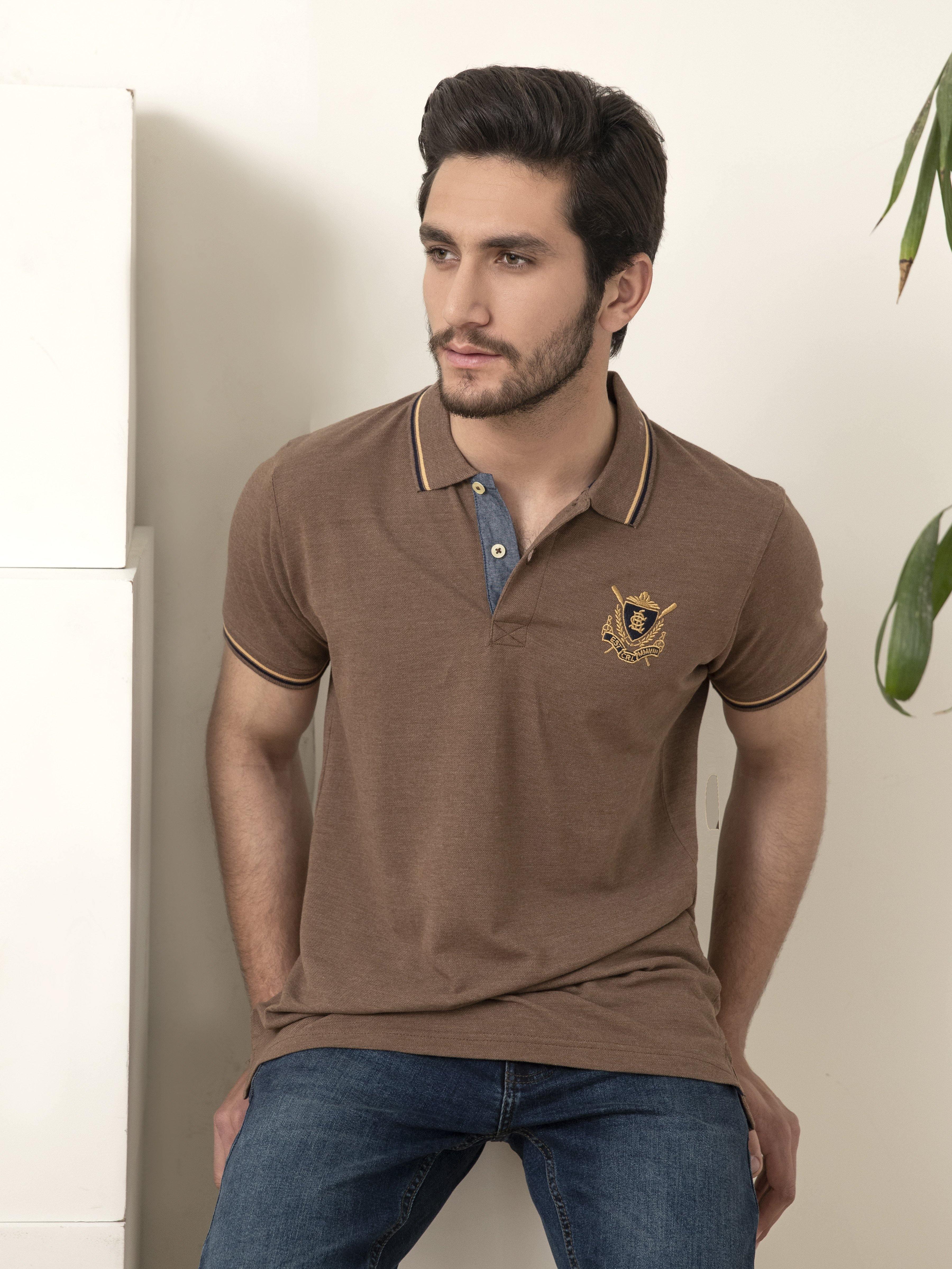 POLO SHIRT TIPPING COLLAR KHAKI at Charcoal Clothing