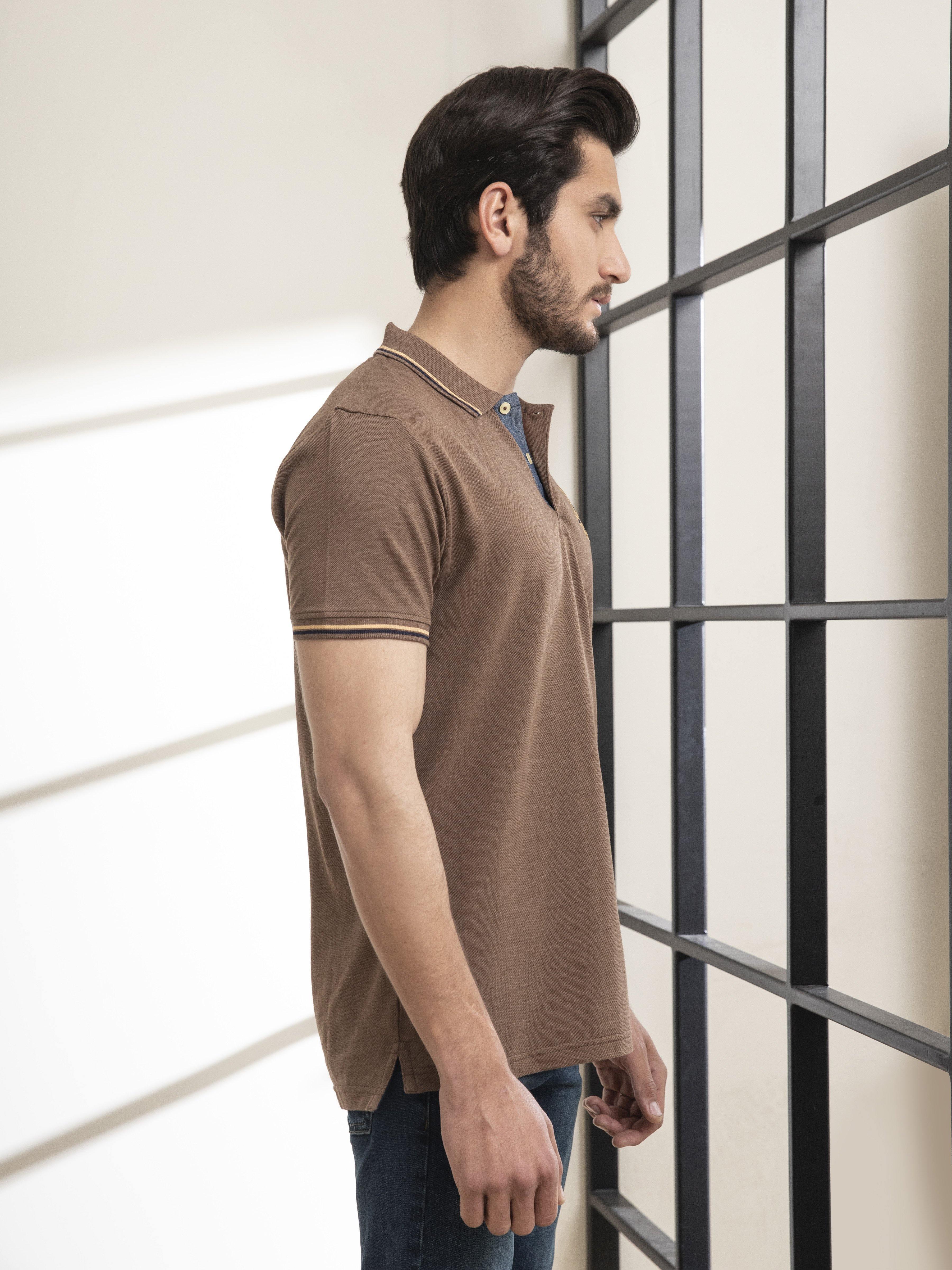 POLO SHIRT TIPPING COLLAR KHAKI at Charcoal Clothing