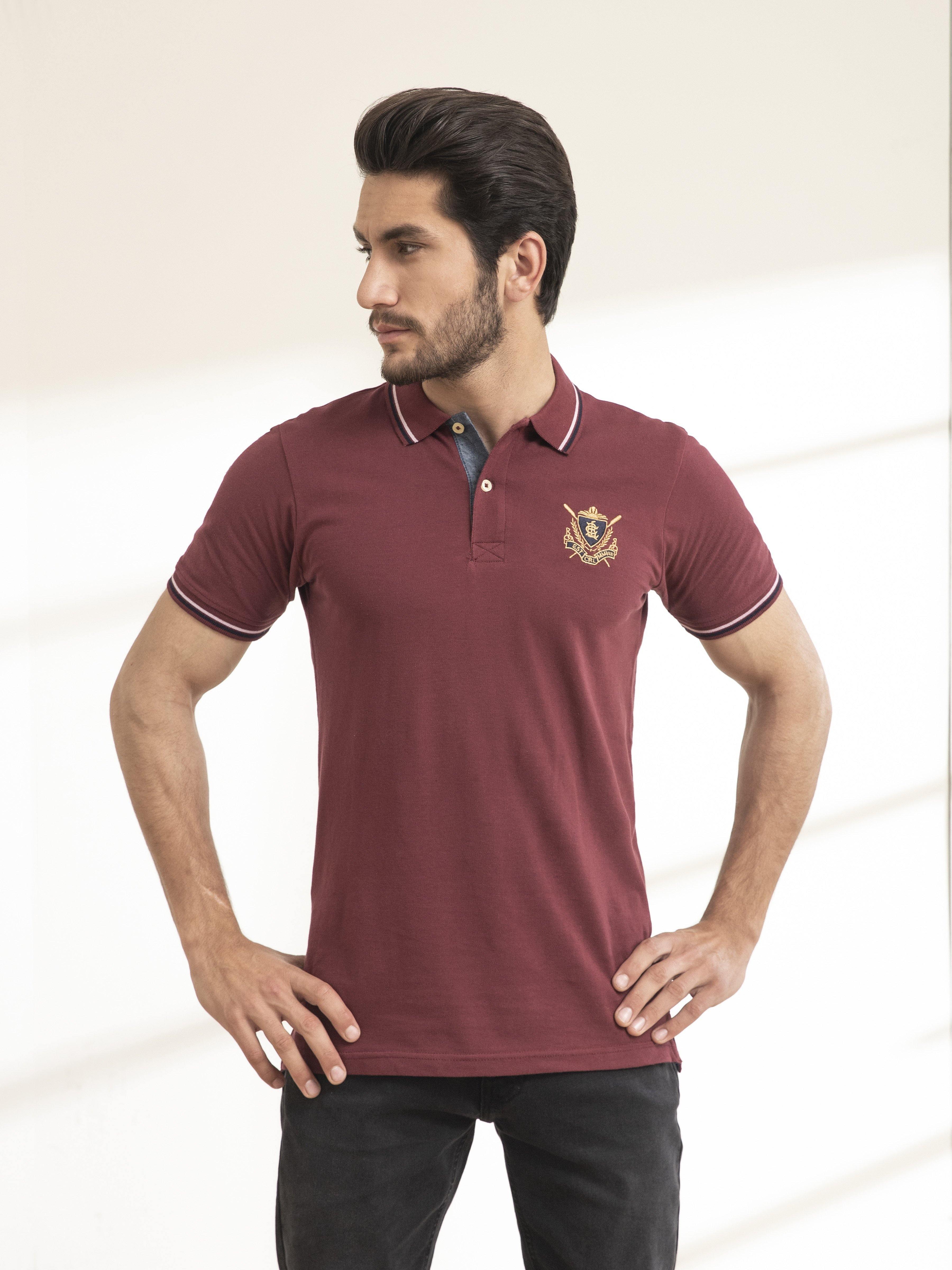 POLO SHIRT TIPPING COLLAR MAROON at Charcoal Clothing