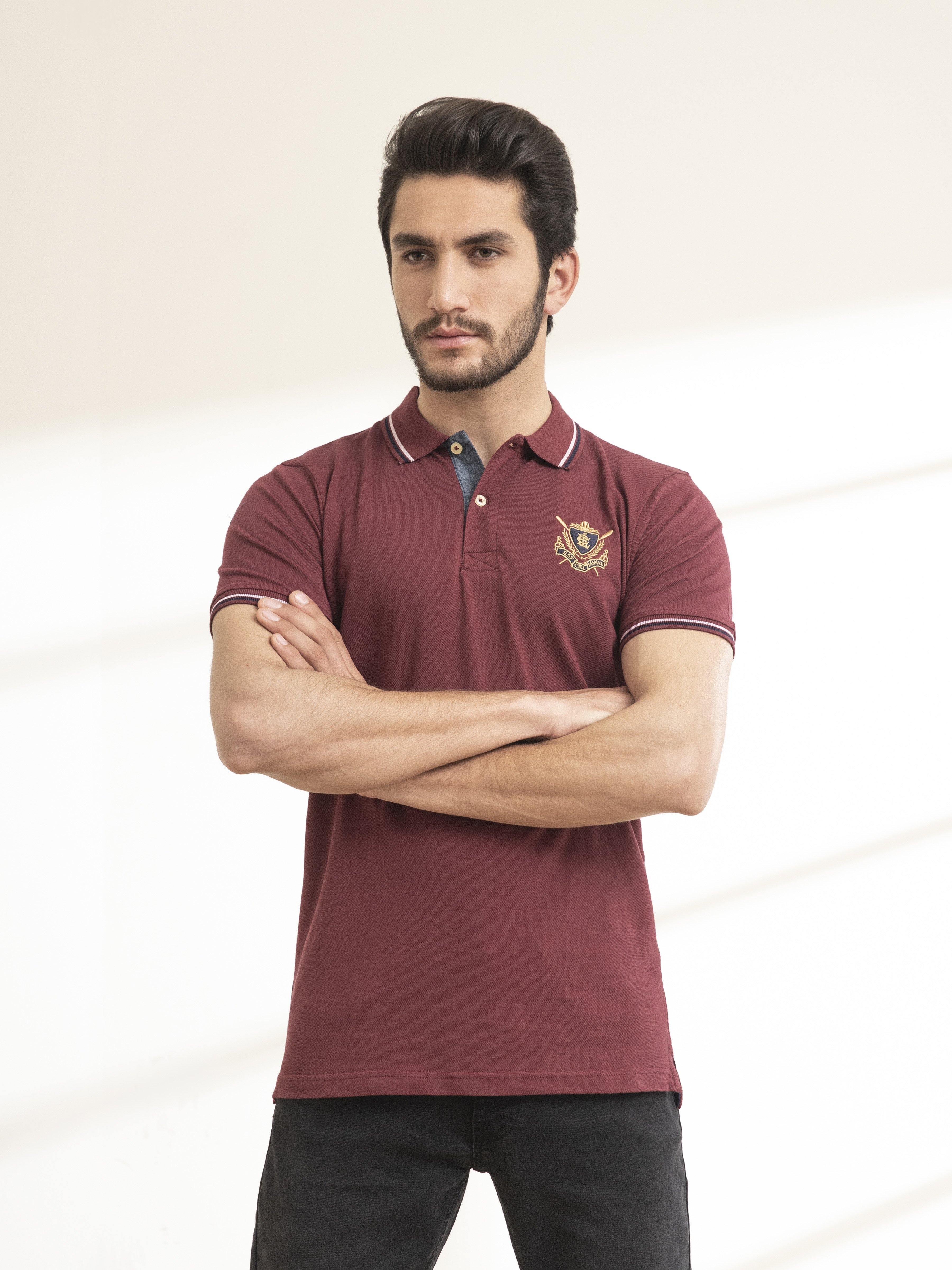 POLO SHIRT TIPPING COLLAR MAROON at Charcoal Clothing