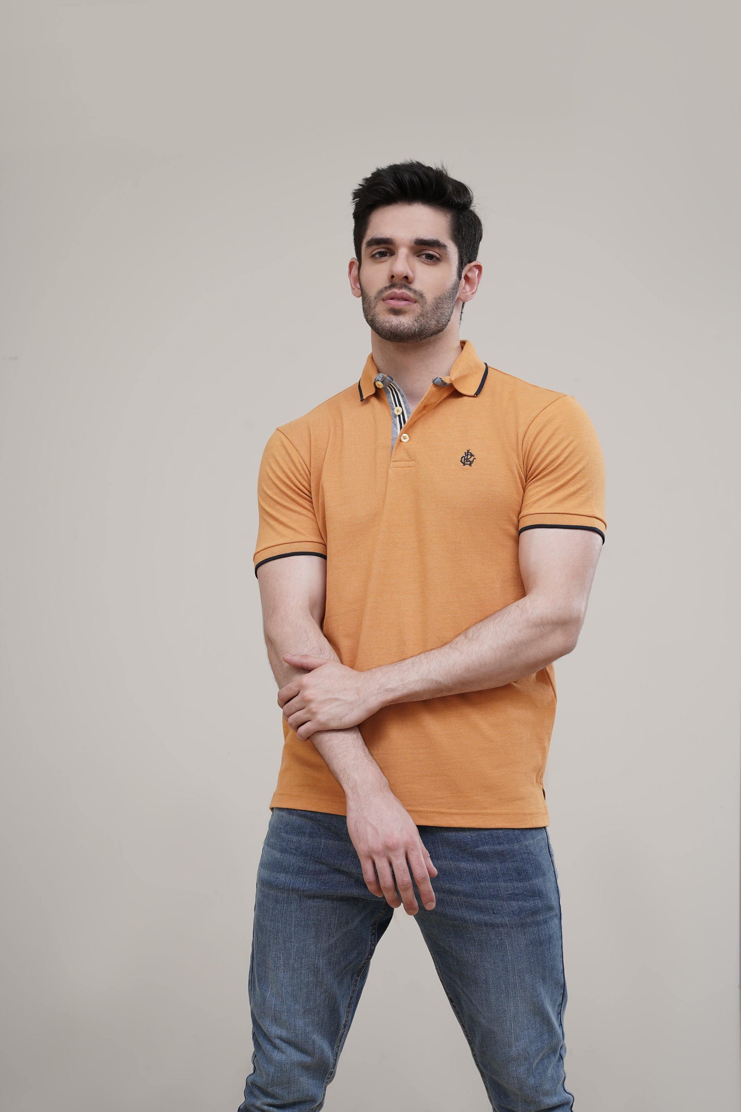 POLO SHIRT TIPPING COLLAR MUSTARD at Charcoal Clothing