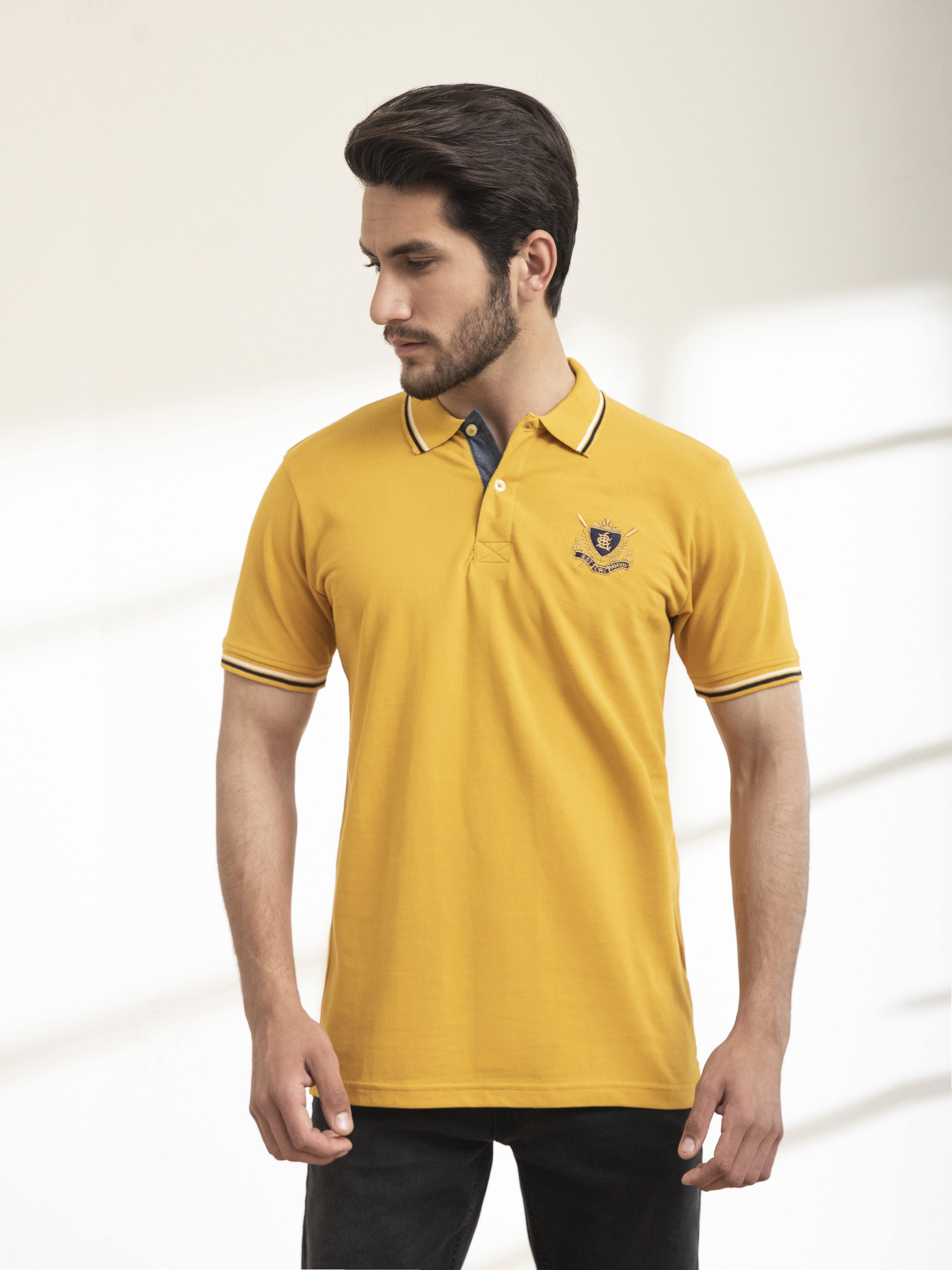 POLO SHIRT TIPPING COLLAR MUSTARD at Charcoal Clothing