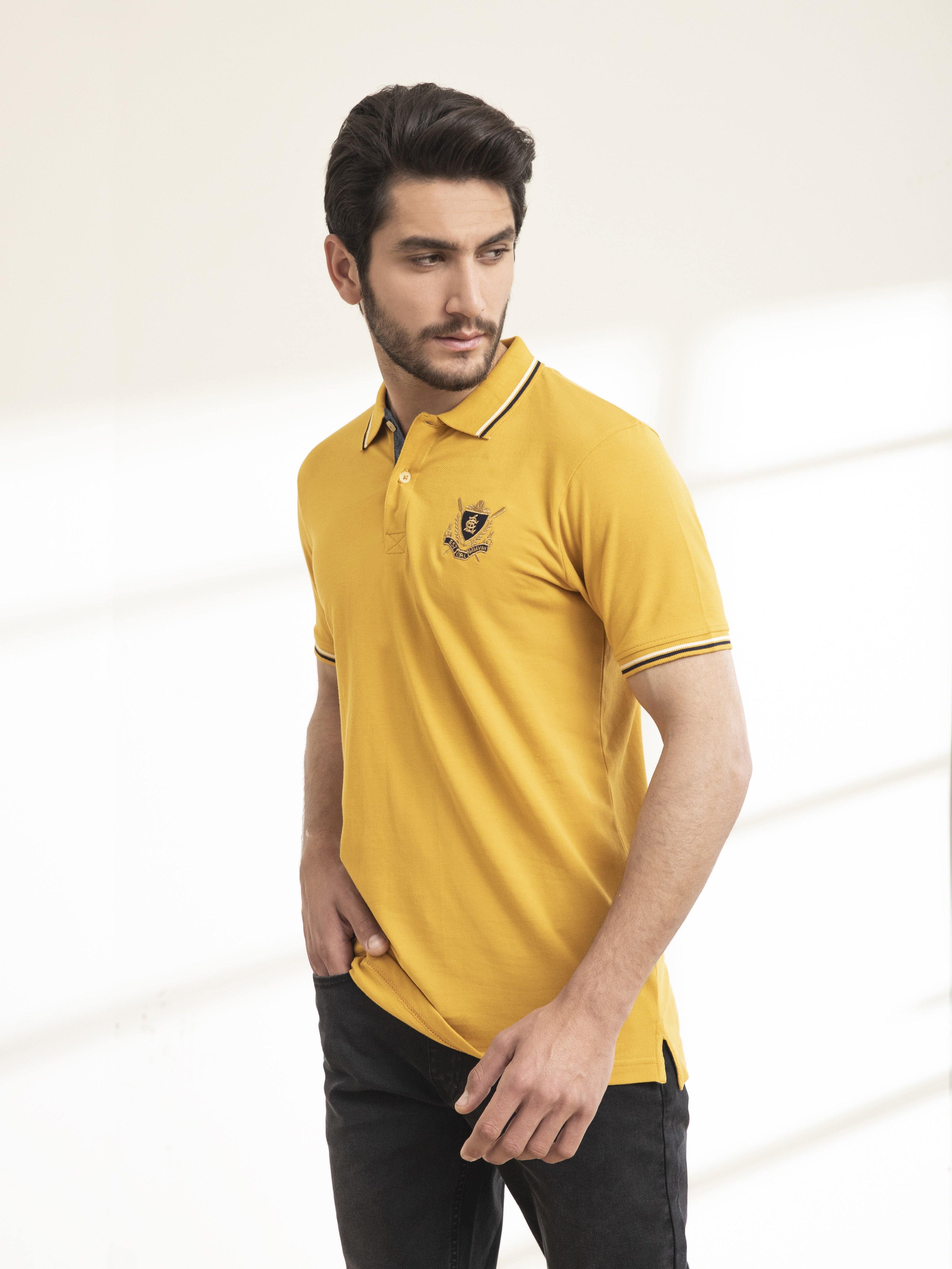 POLO SHIRT TIPPING COLLAR MUSTARD at Charcoal Clothing