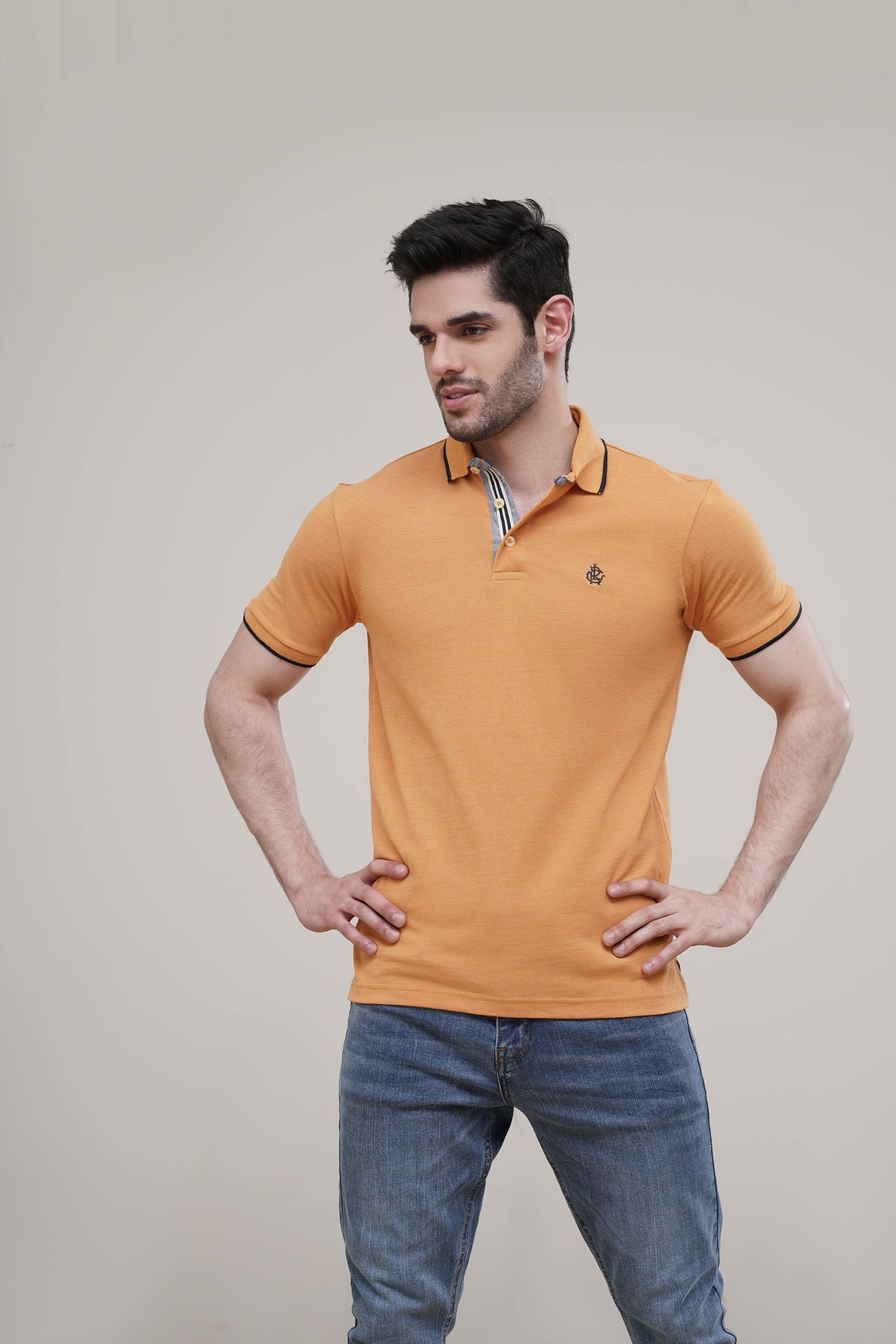 POLO SHIRT TIPPING COLLAR MUSTARD at Charcoal Clothing
