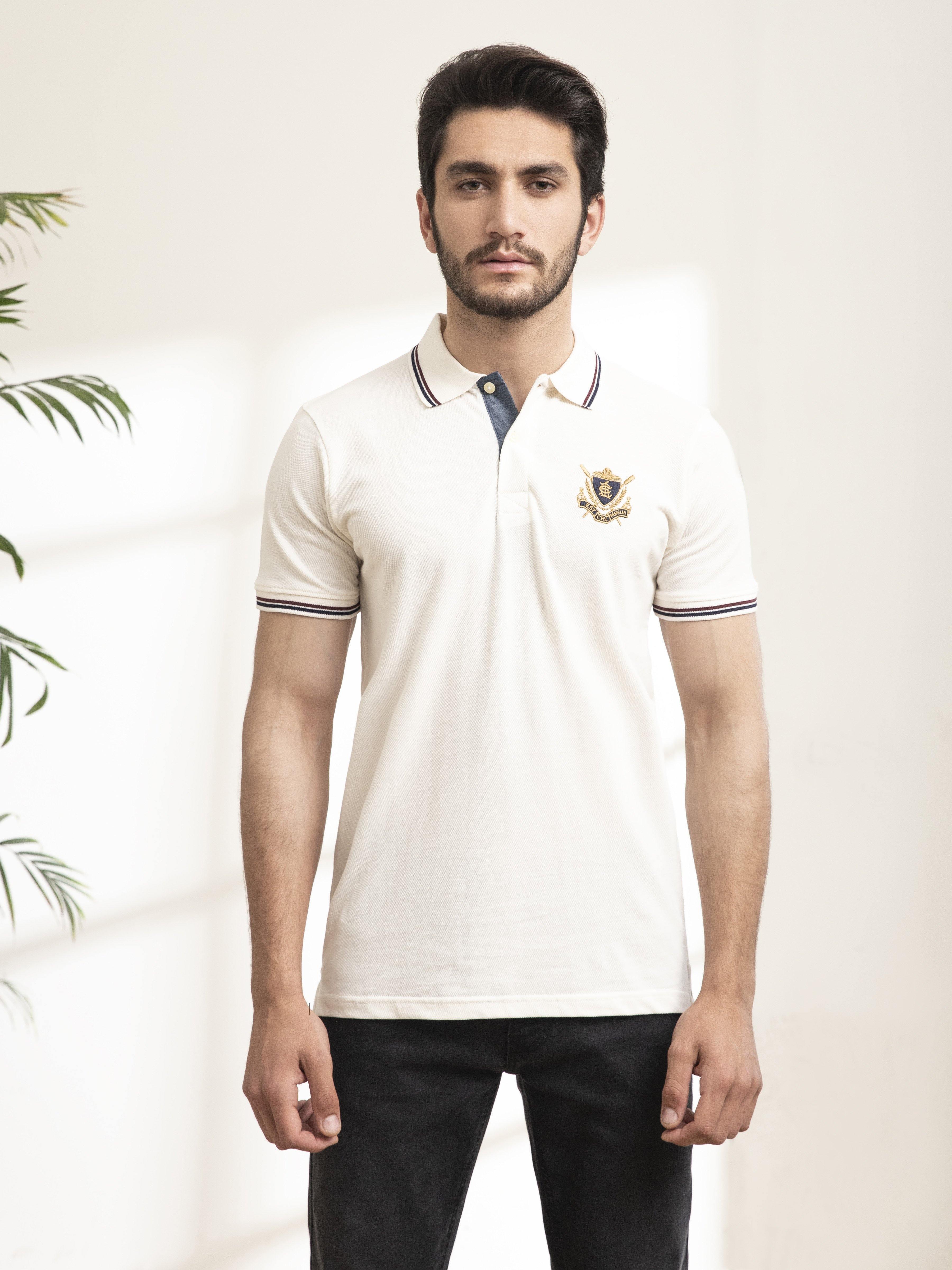 POLO SHIRT TIPPING COLLAR WHITE at Charcoal Clothing