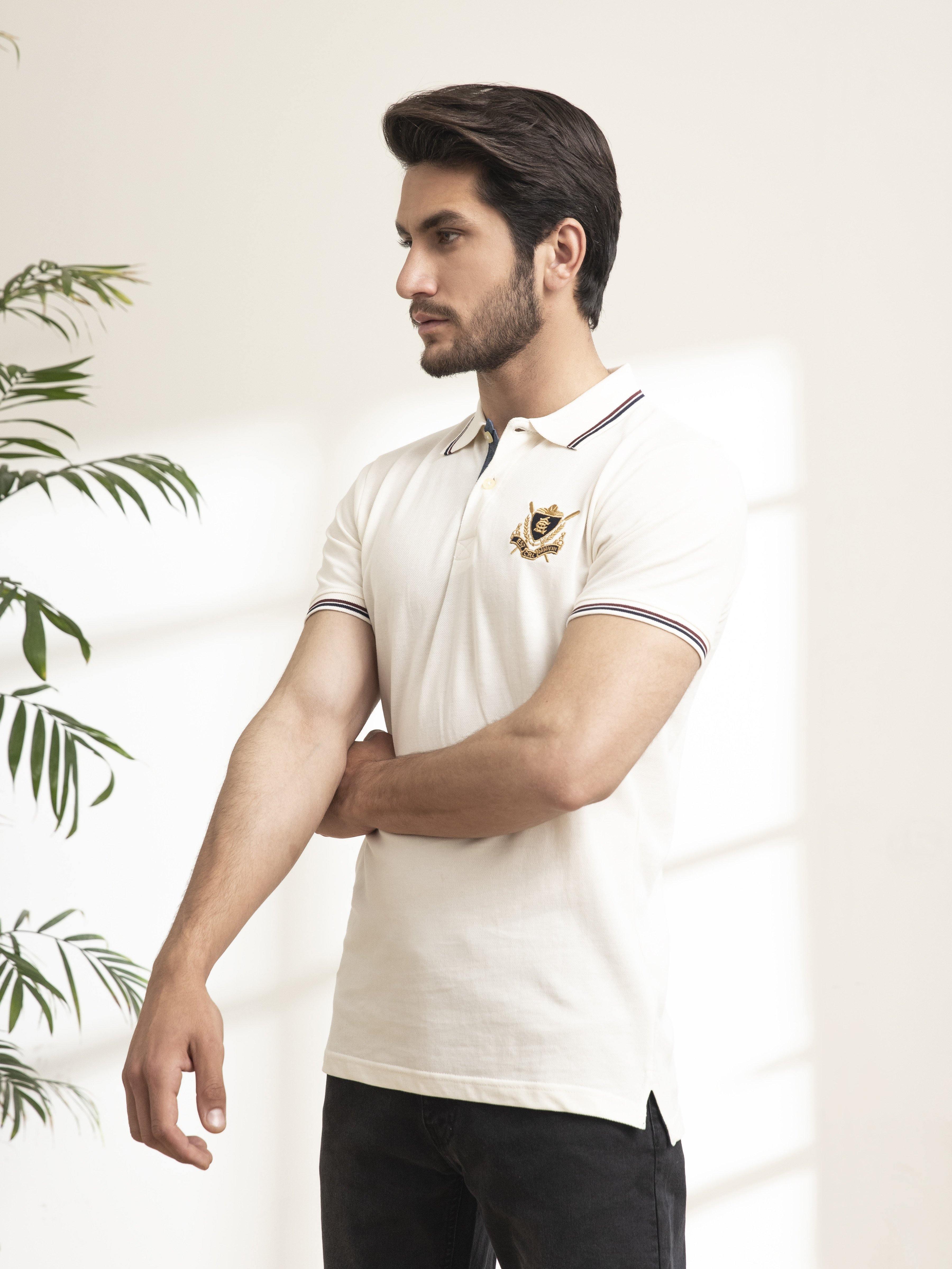 POLO SHIRT TIPPING COLLAR WHITE at Charcoal Clothing