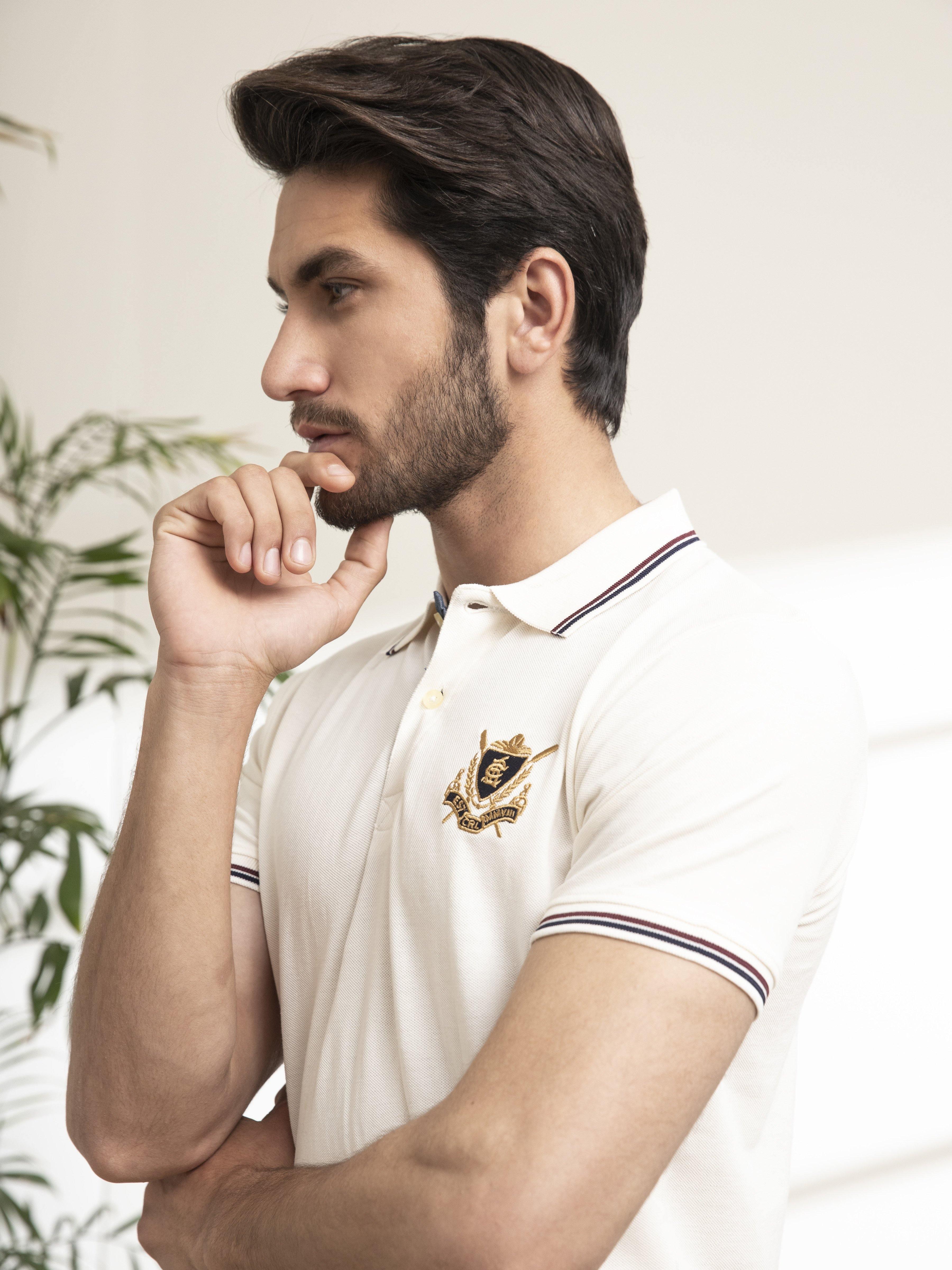 POLO SHIRT TIPPING COLLAR WHITE at Charcoal Clothing